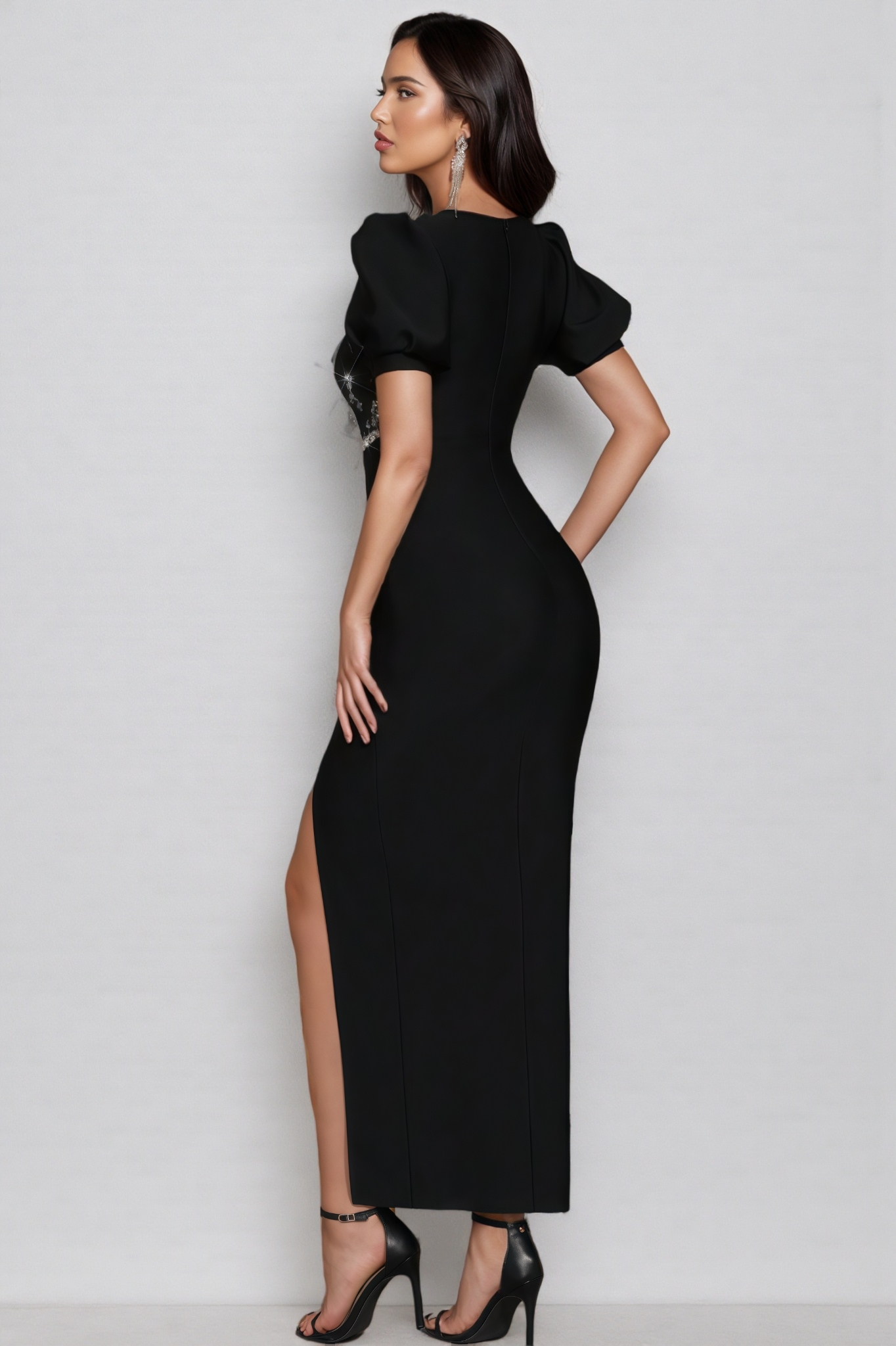 Sileny Studded Bubble Sleeve Slit Maxi Dress