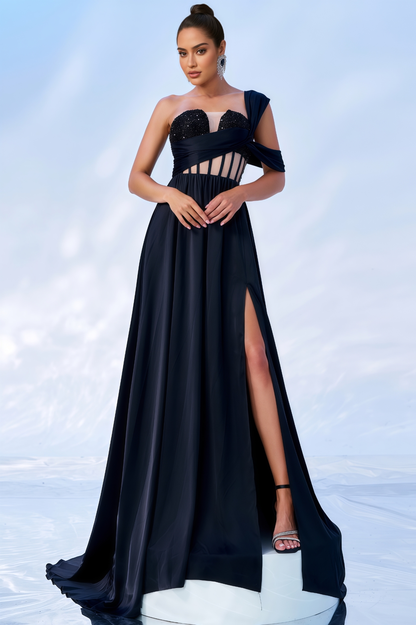 Levia Single Shoulder Sequin Slit Maxi Dress