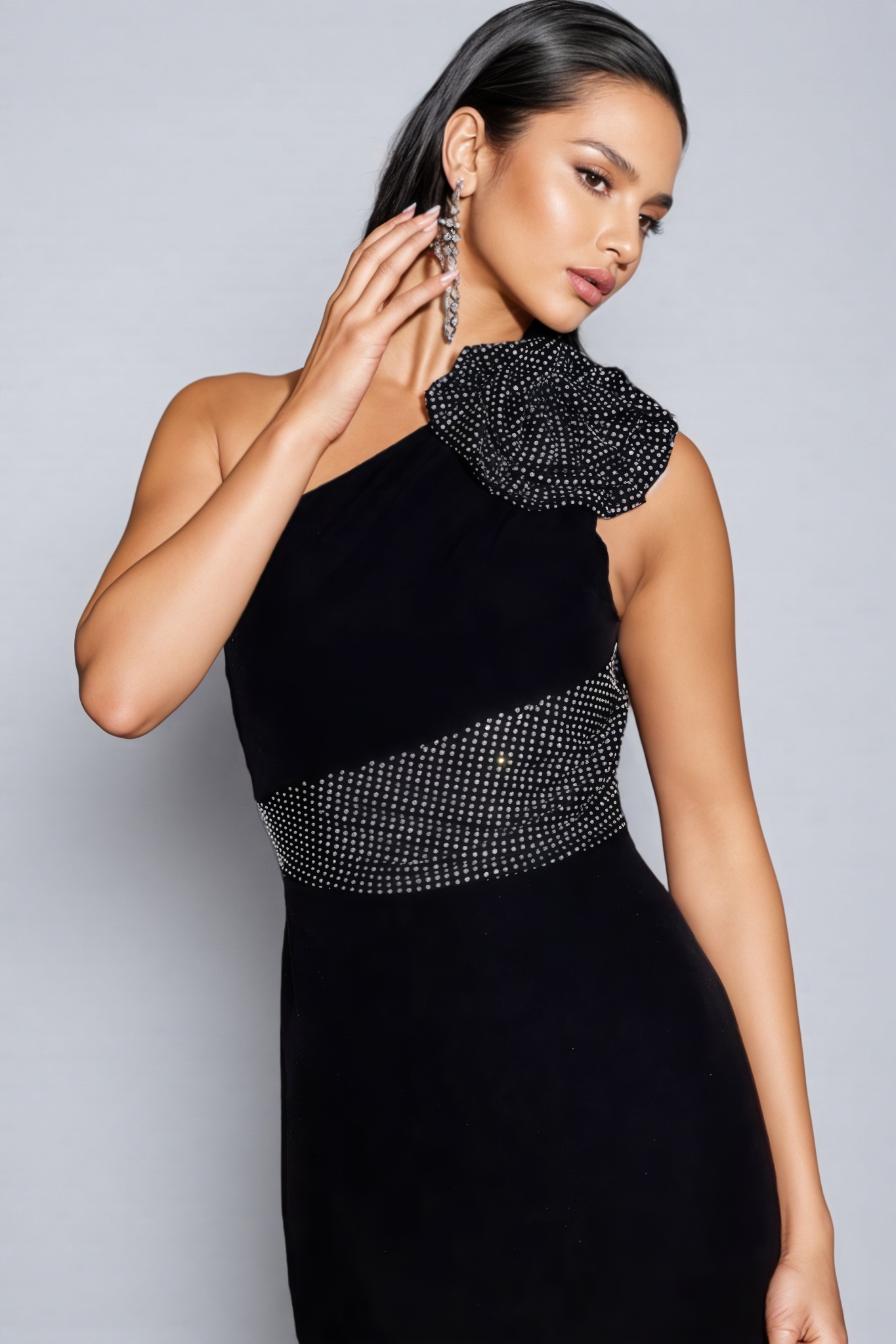 Evelda Sleeveless Rhinestone Floral Maxi Dress