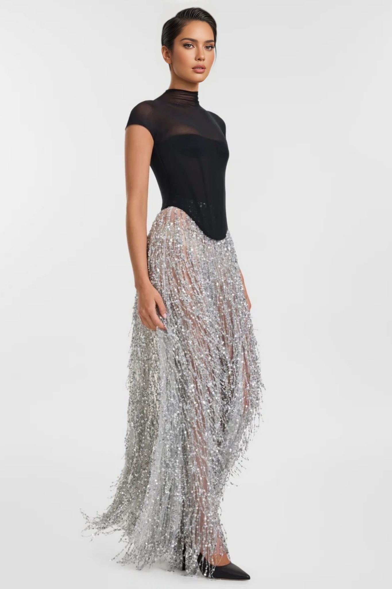 Xenia Fringe Beaded Maxi Dress Two Piece Set
