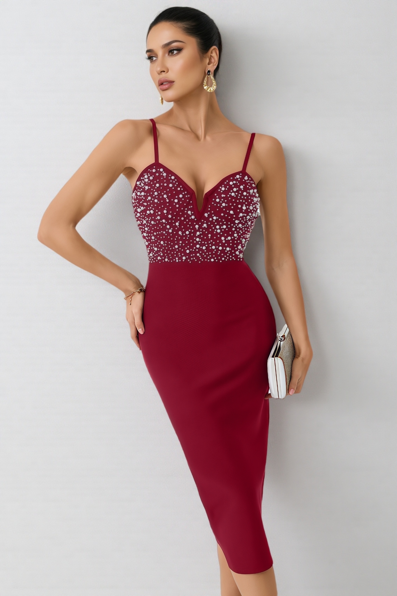 Lerae Strappy Beaded Bandage Midi Dress