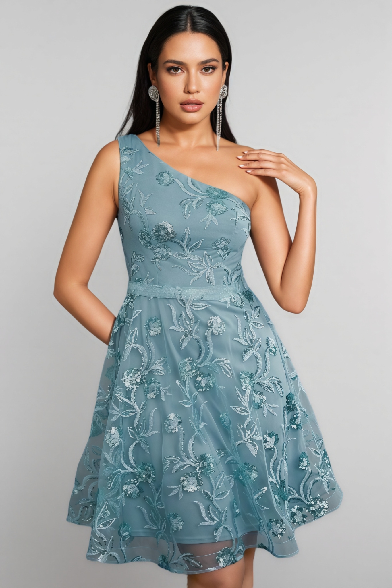 Flinl Green One-Shoulder Mesh Mini Dress