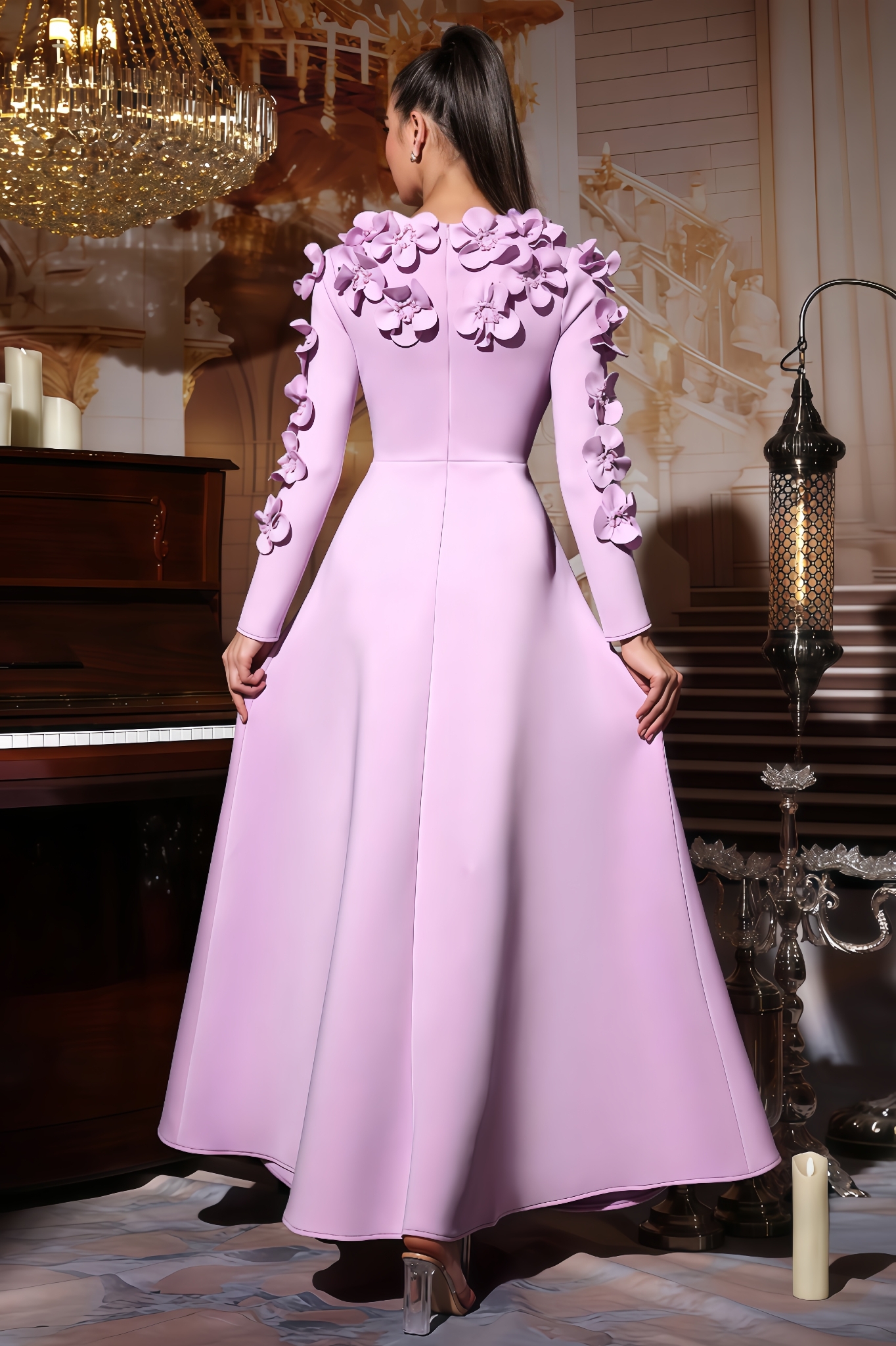 Xiacly 3D Floral Round-Neck Maxi Dress