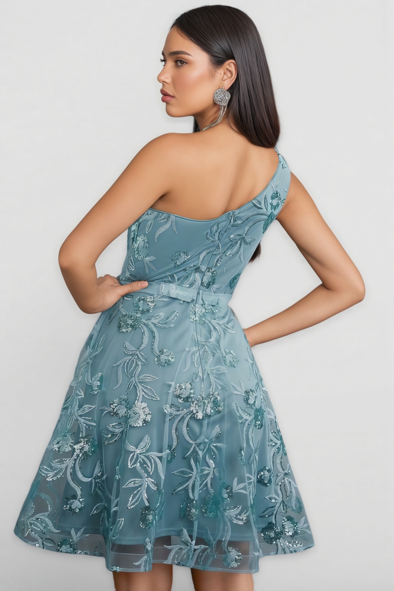 Flinl Green One-Shoulder Mesh Mini Dress