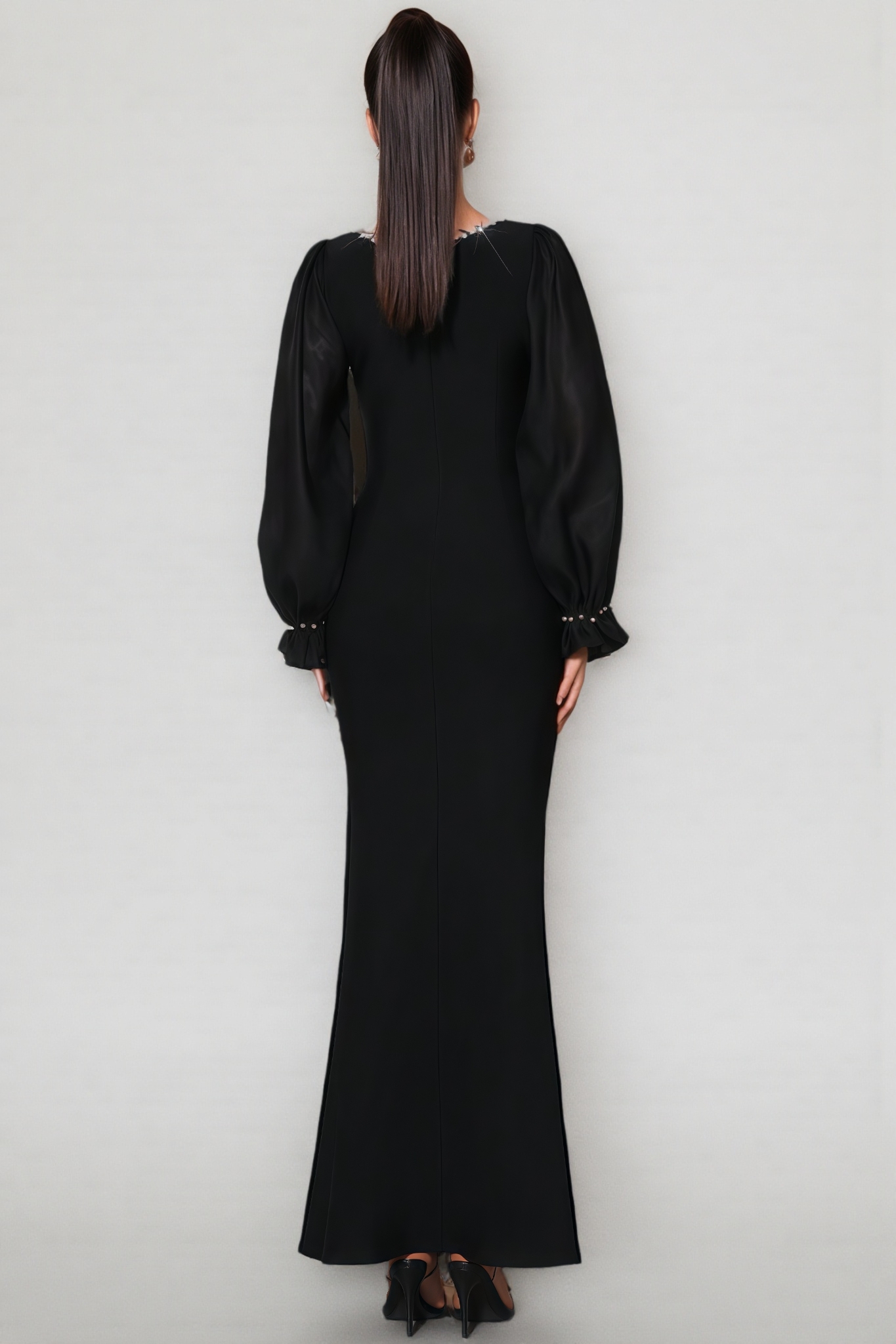 Thariy Black Square Neck Rhinestone Maxi Dress