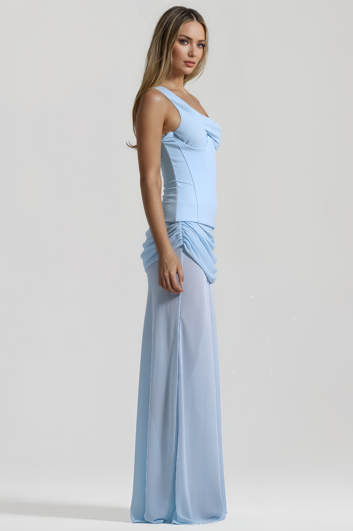 Zoey Slanted-Neck Waist-Cinched Maxi Dress