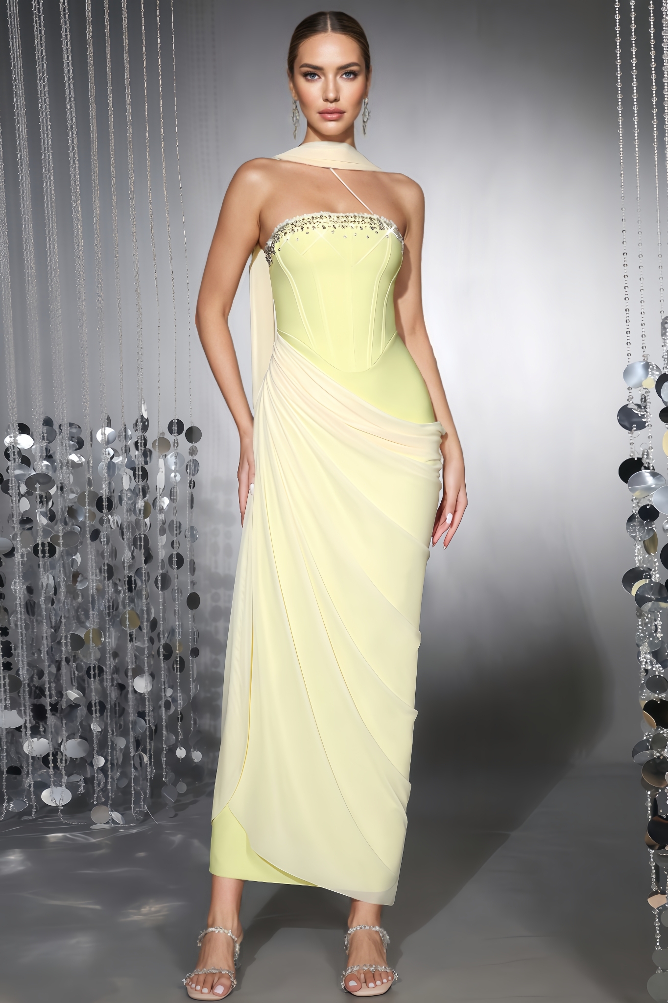 Imre Strapless Rhinestone Draped Bandage Maxi Dress