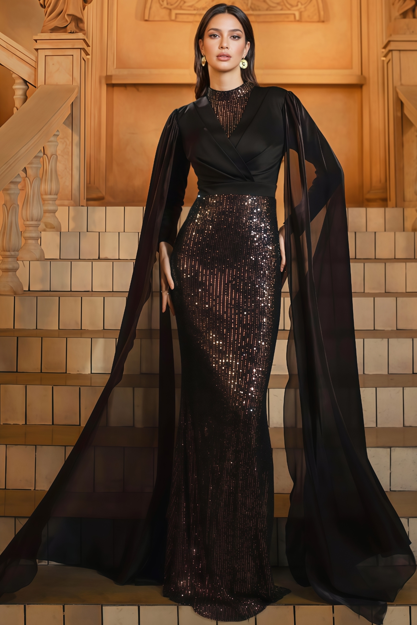 Mirt Black Round Neck Sequin Maxi Dress