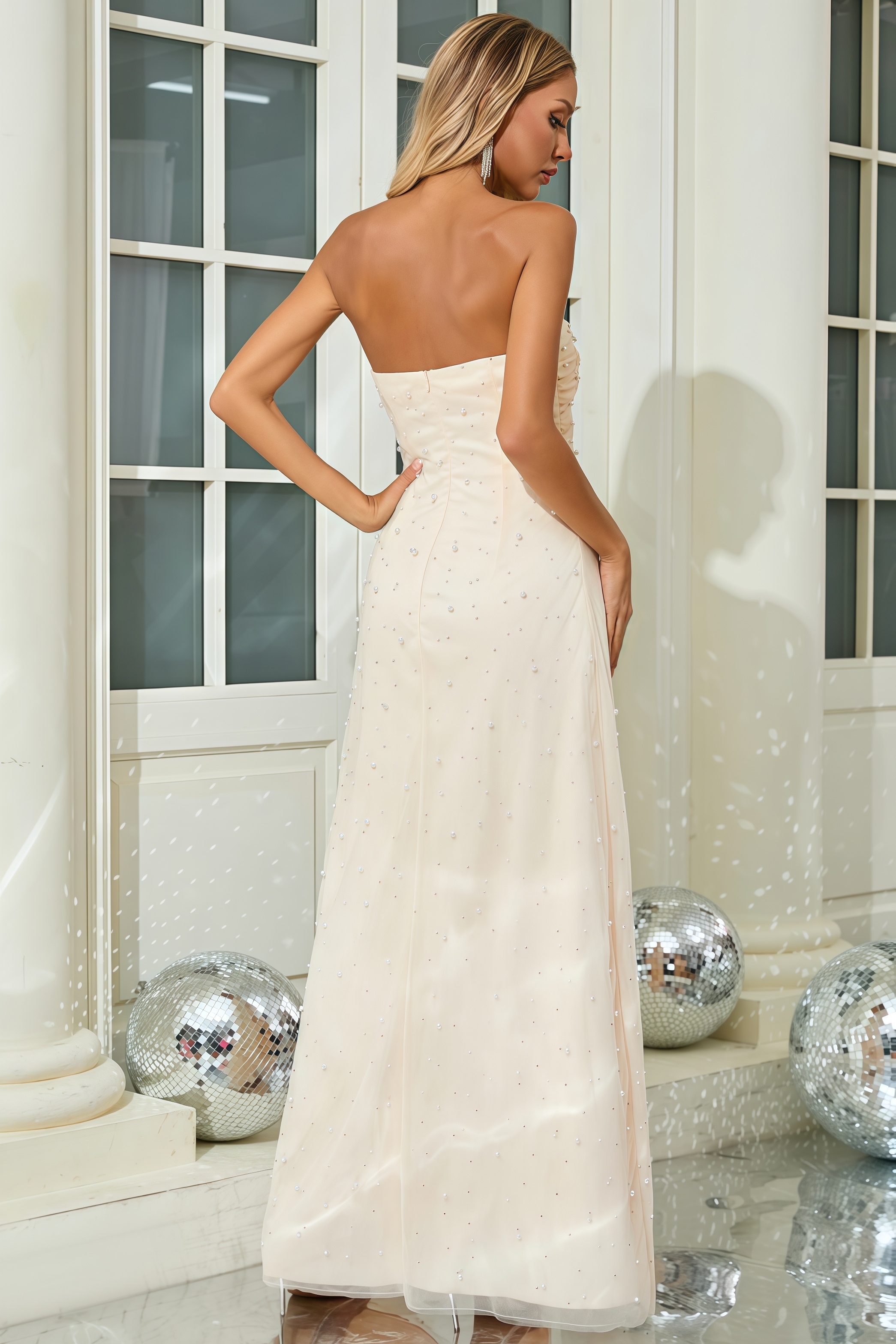 Clarelt Strapless Rhinestone Mesh Maxi Dress