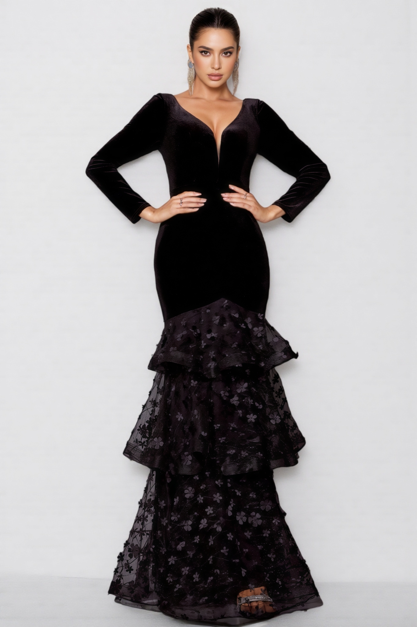 Ridhan Black Layered Mesh Maxi Dress