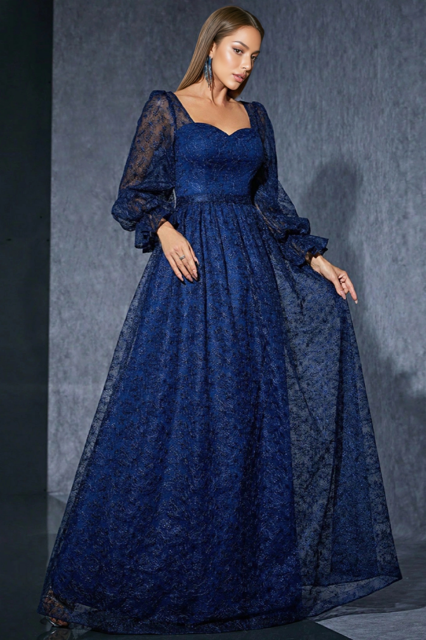 Kaidi Long-Sleeved Tulle Waist-Cinched Maxi Dress
