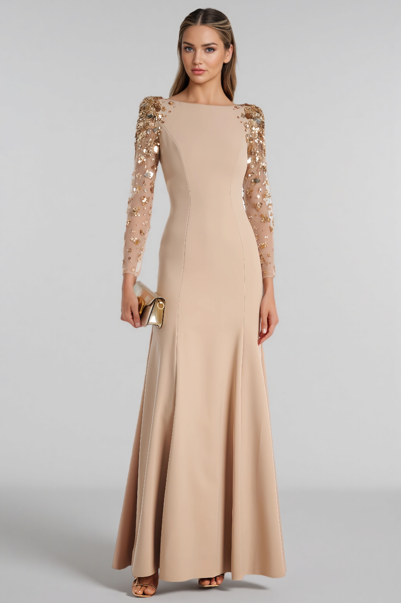 Ashlynn Mesh-Overlay Diamond-Studded Maxi Dress