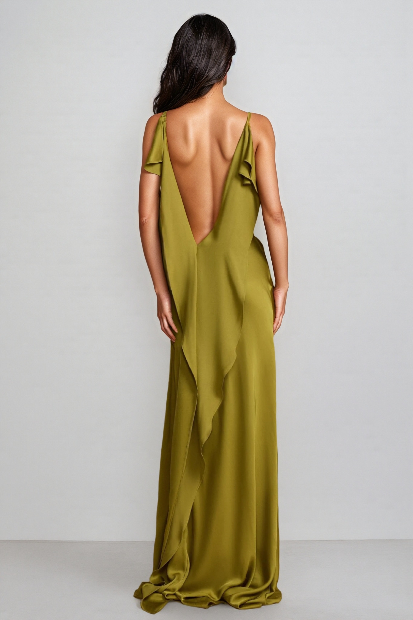 Lelia Solid Satin Backless Frill Maxi Dress