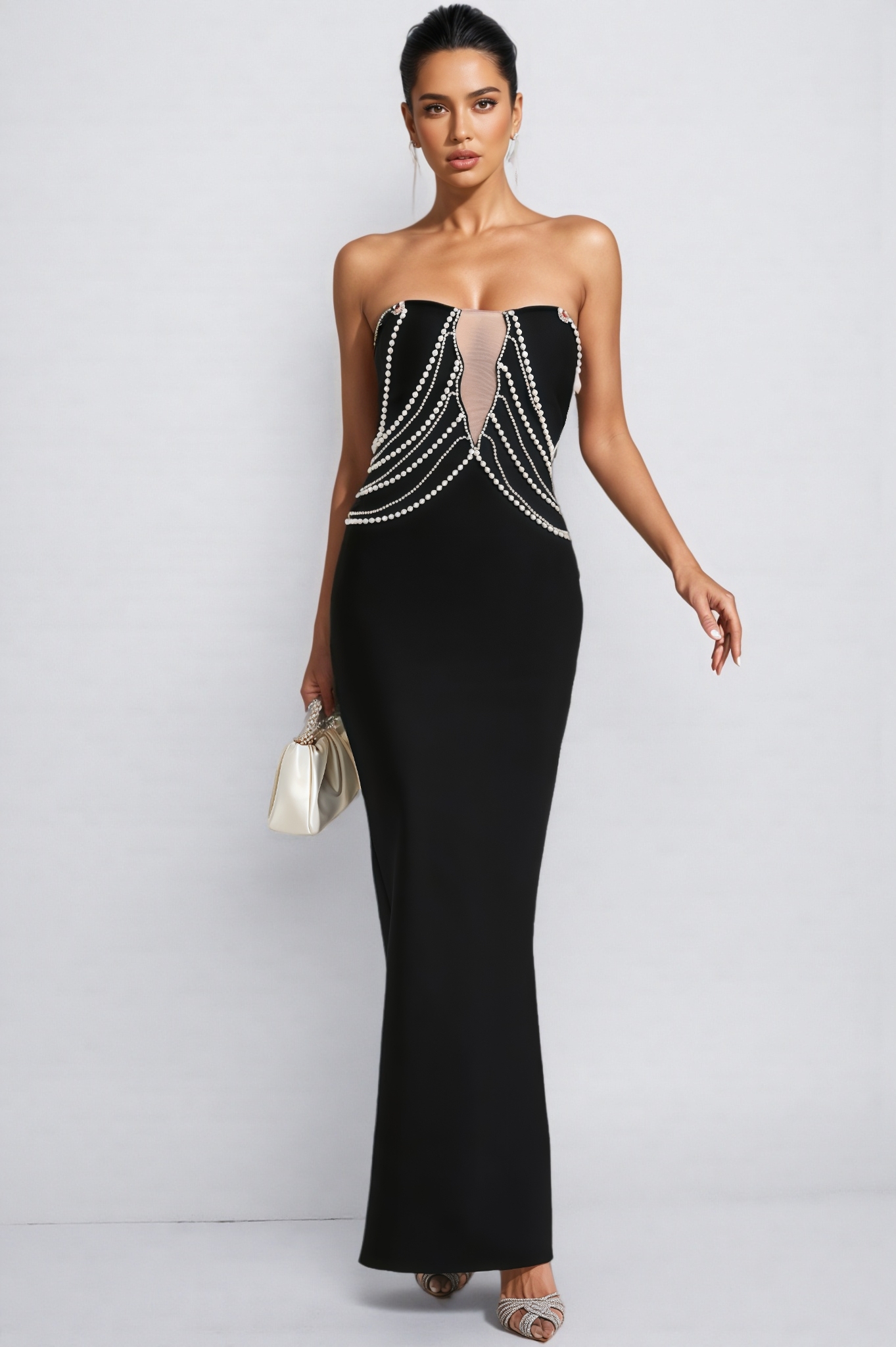 Vaughn Black Pearls Off Shoulder Maxi Dress