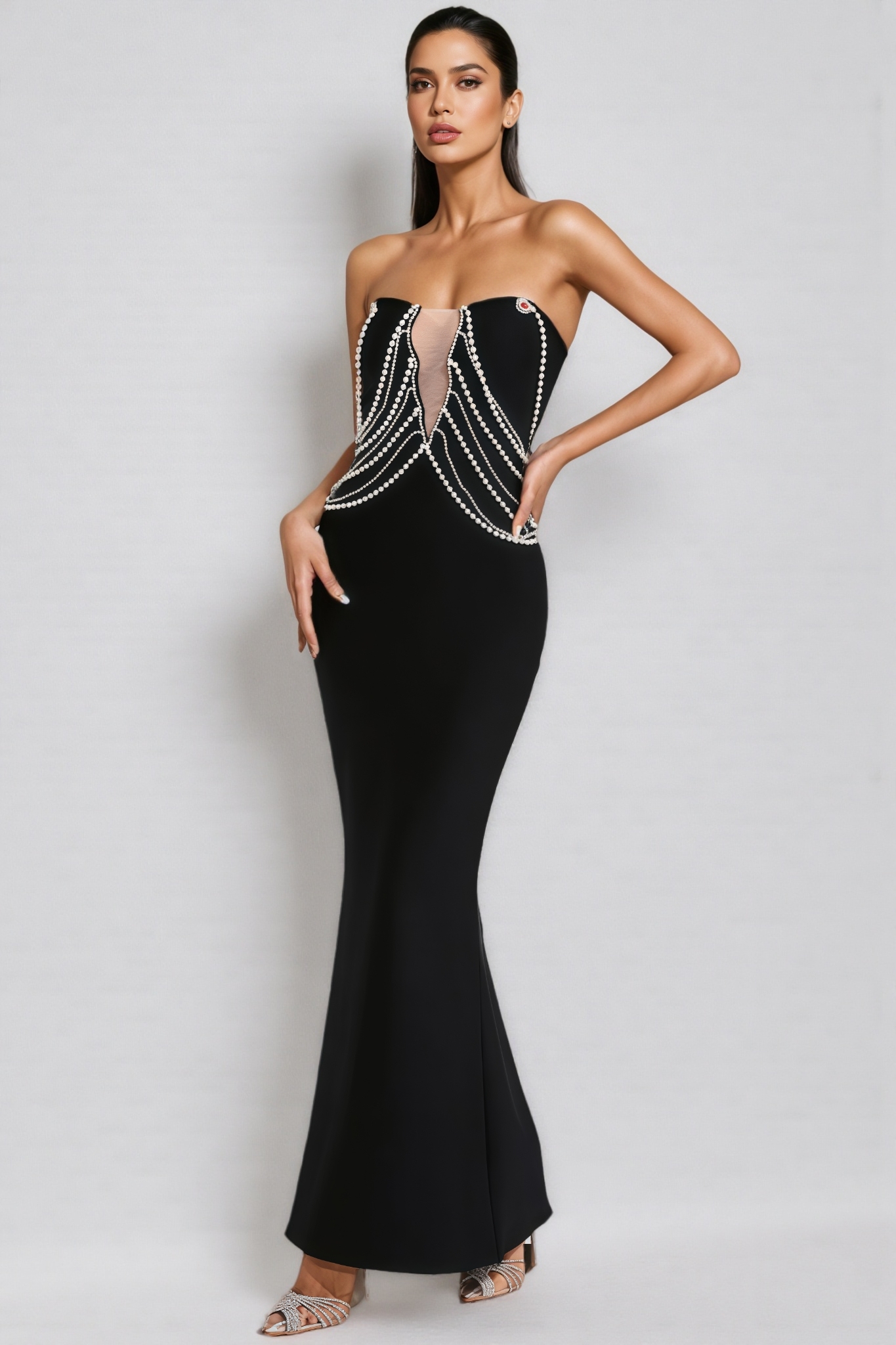 Vaughn Black Pearls Off Shoulder Maxi Dress