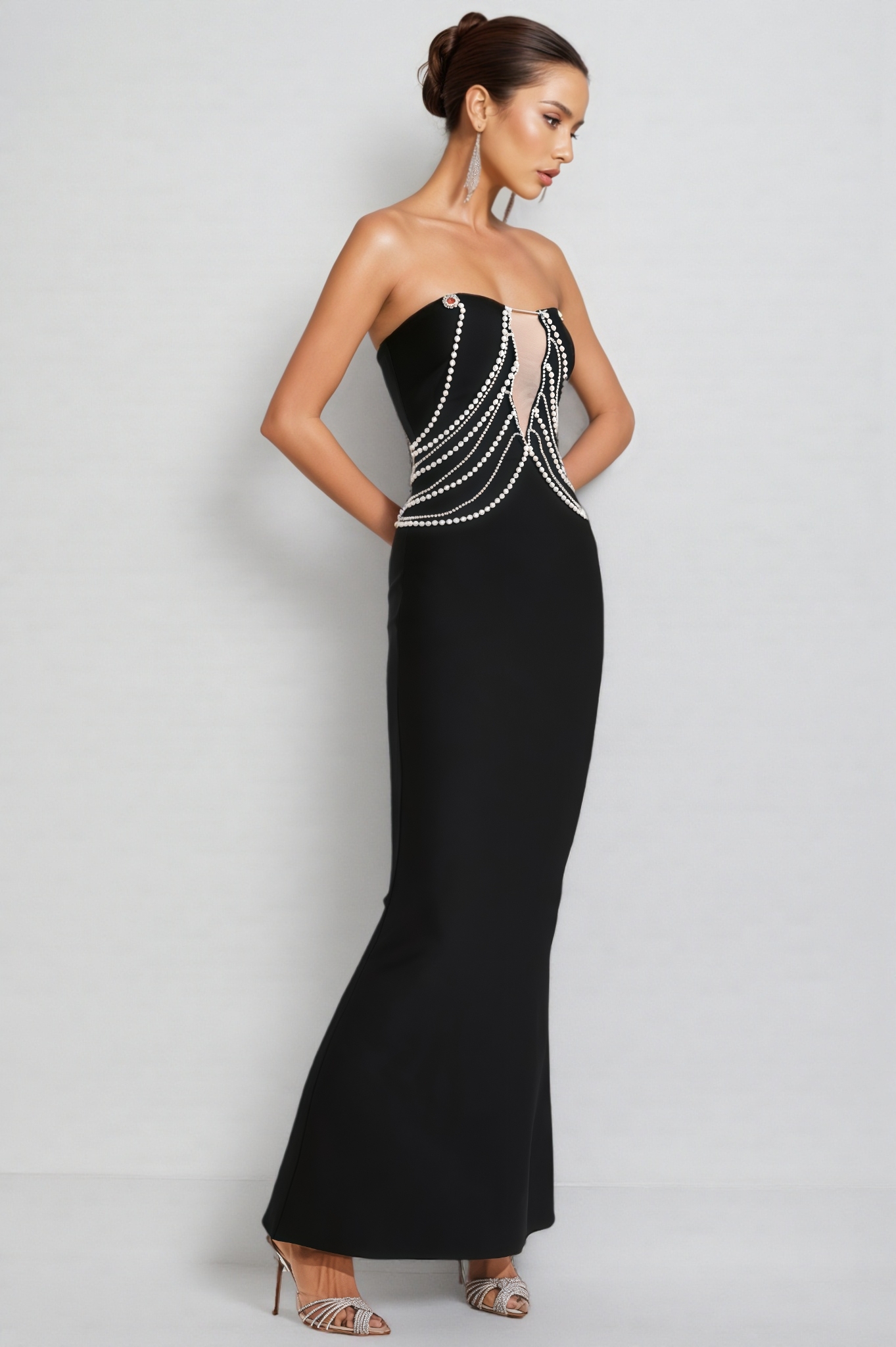 Vaughn Black Pearls Off Shoulder Maxi Dress