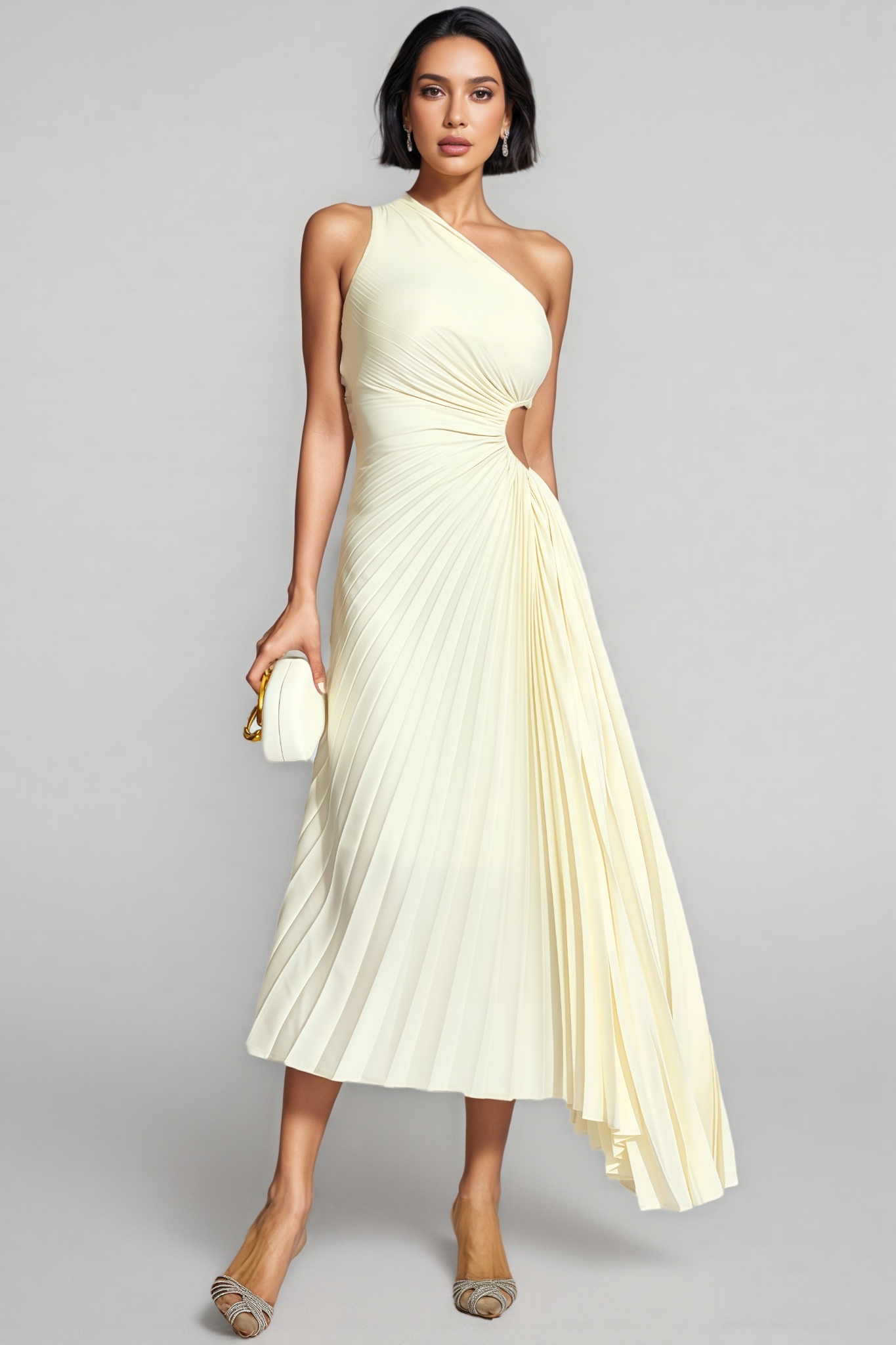 Nick Beige One Shoulder Pleated Maxi Dress