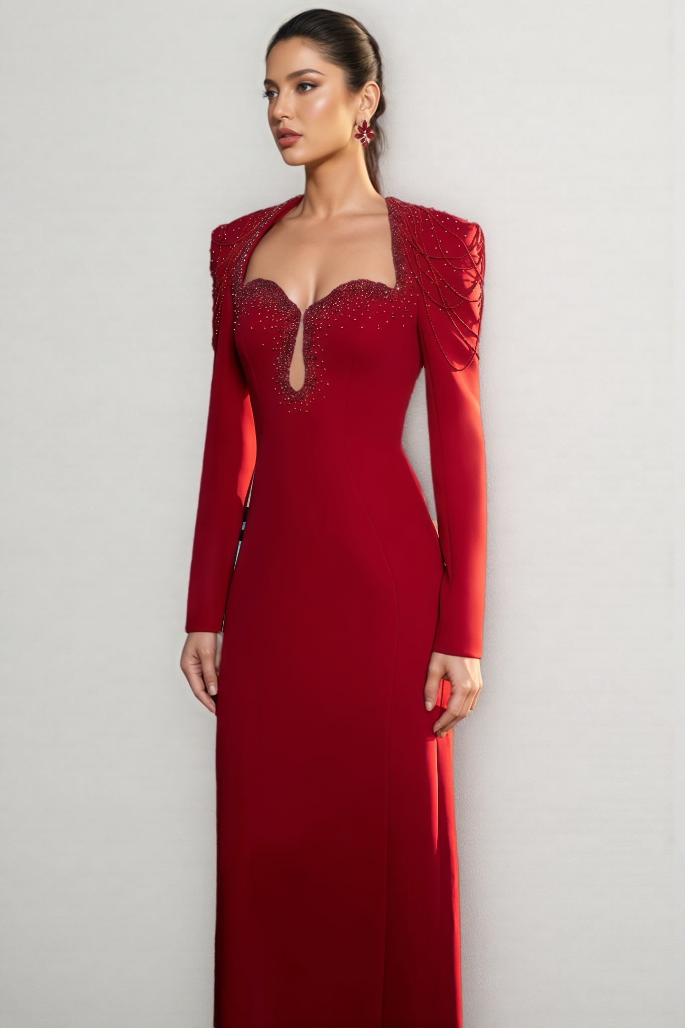 Orinlt Red Crystal Strings Cut-Out Maxi Dress