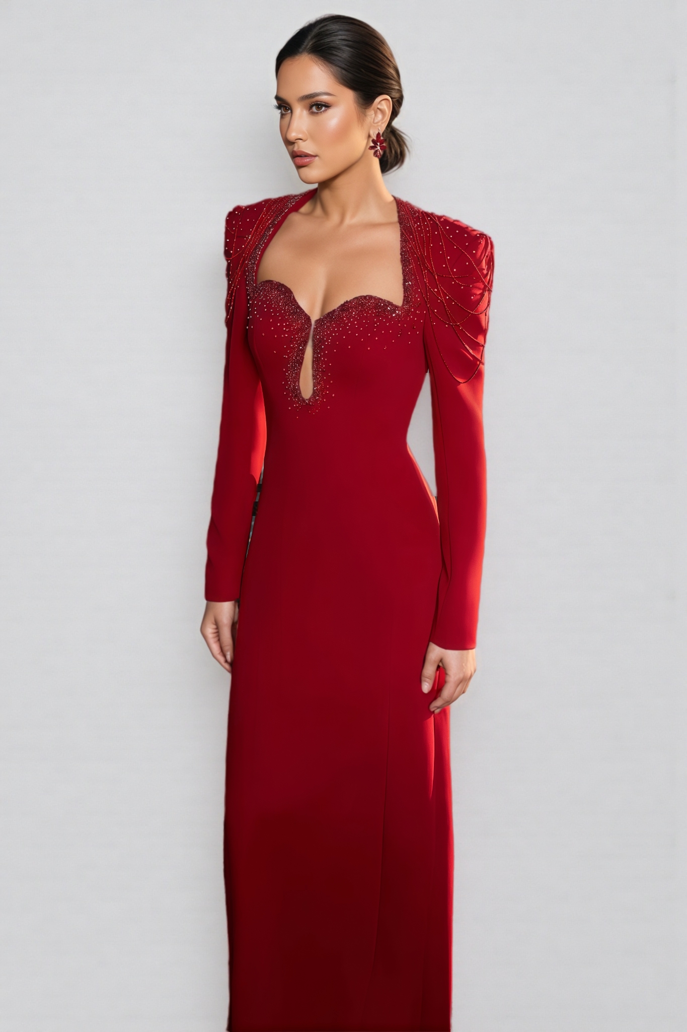Orinlt Red Crystal Strings Cut-Out Maxi Dress