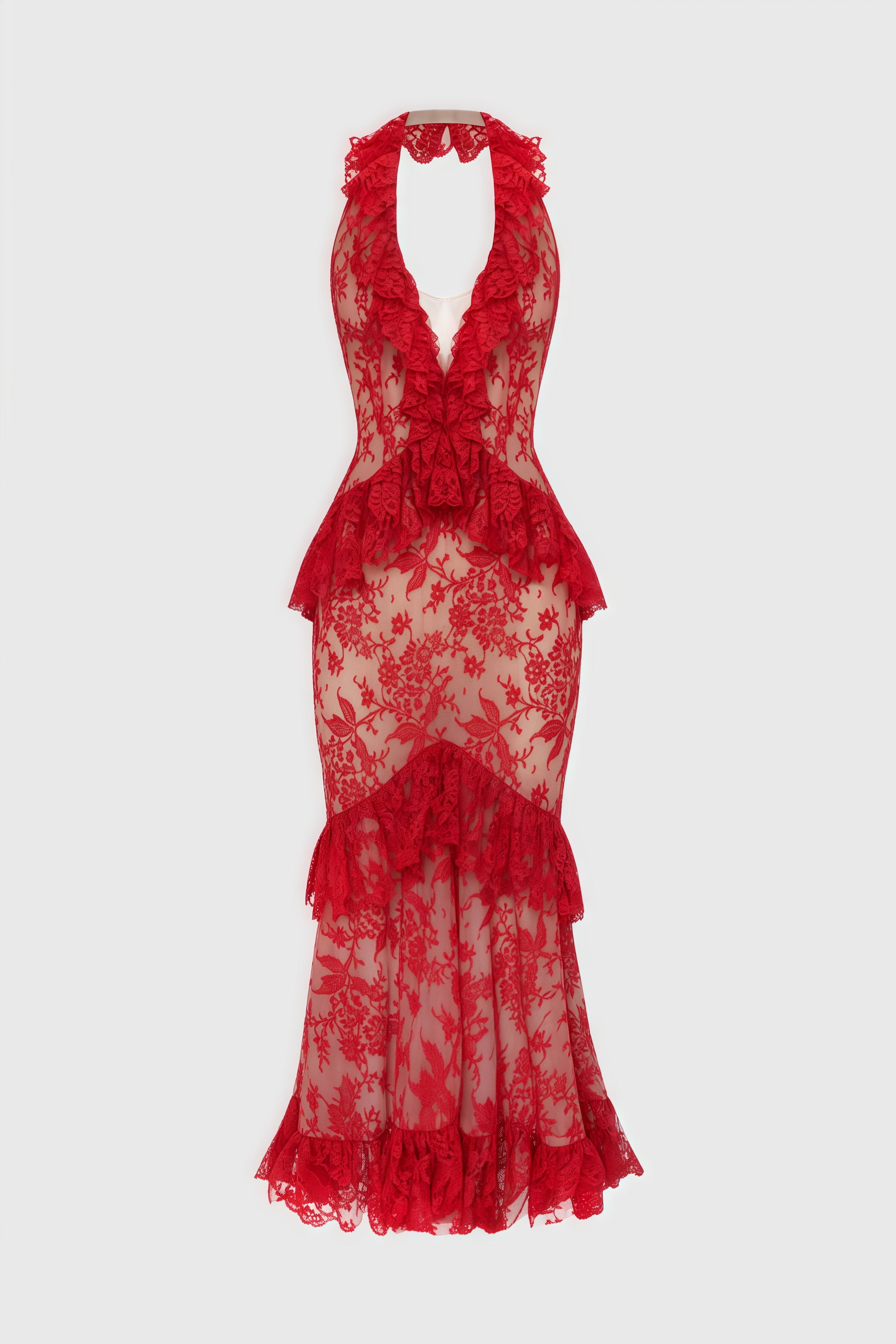 Gracd Backless Lace Ruffled Midi Dress