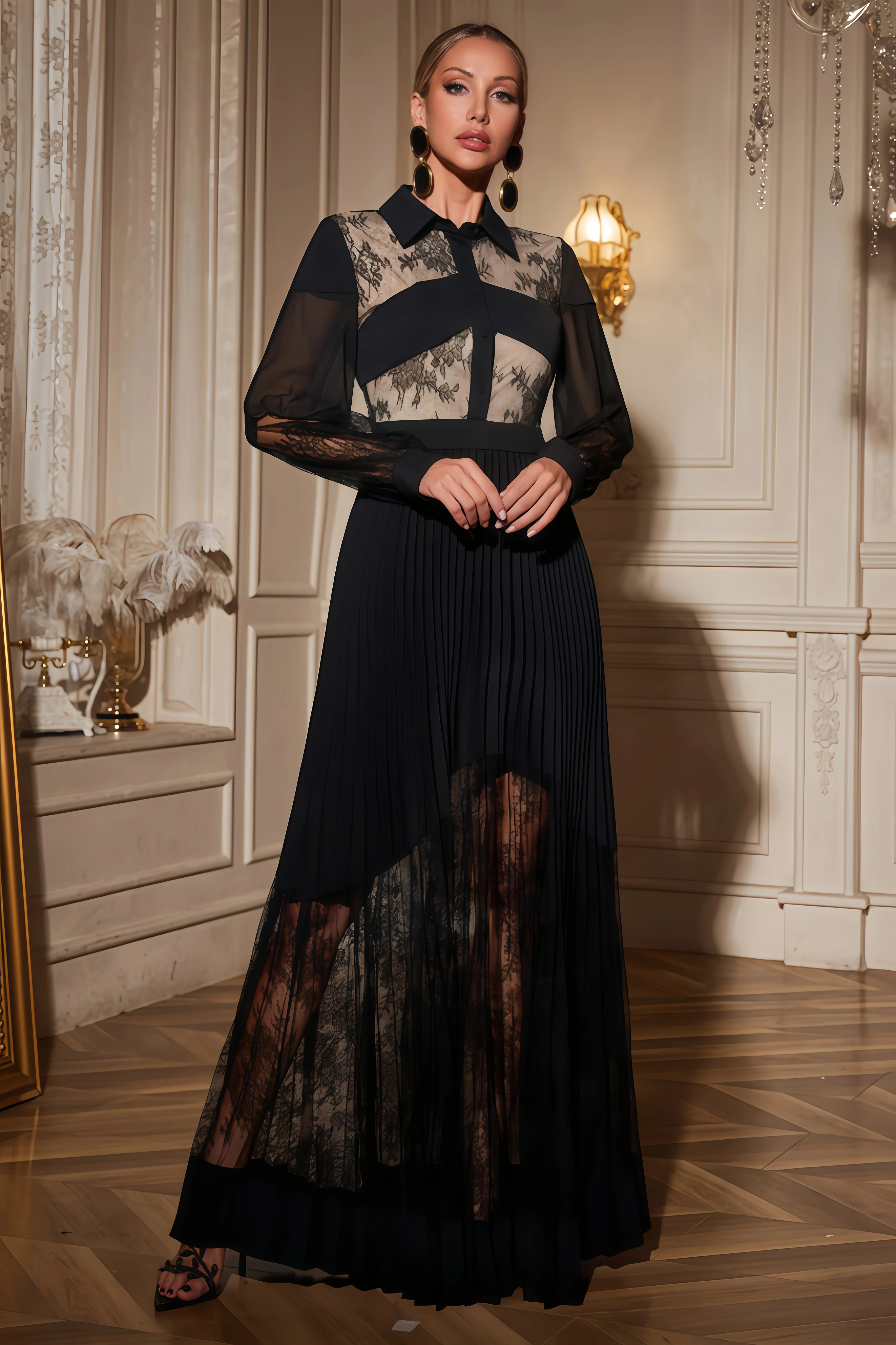 Eleni Lace Pleated Maxi Dress