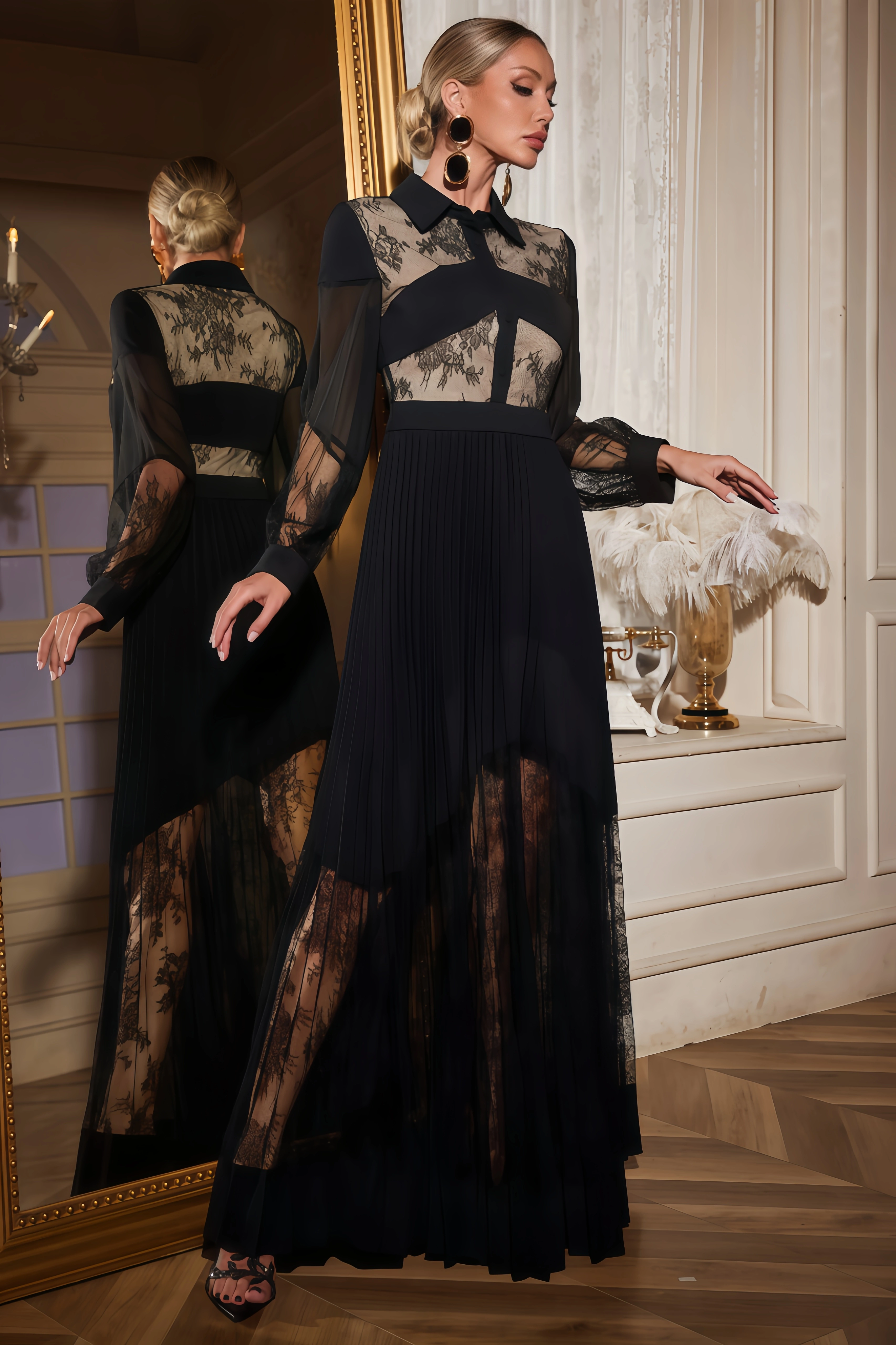 Eleni Lace Pleated Maxi Dress