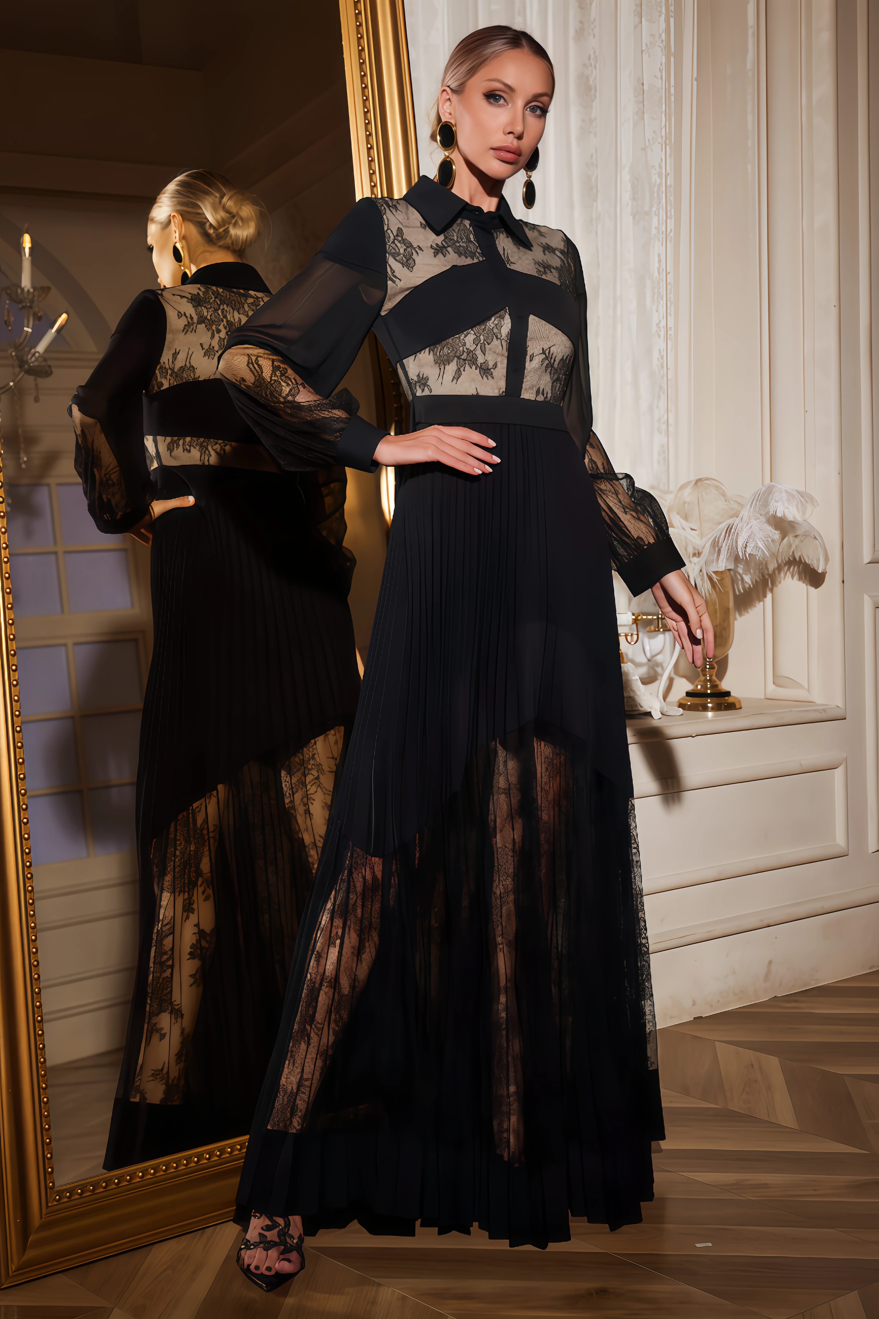 Eleni Lace Pleated Maxi Dress