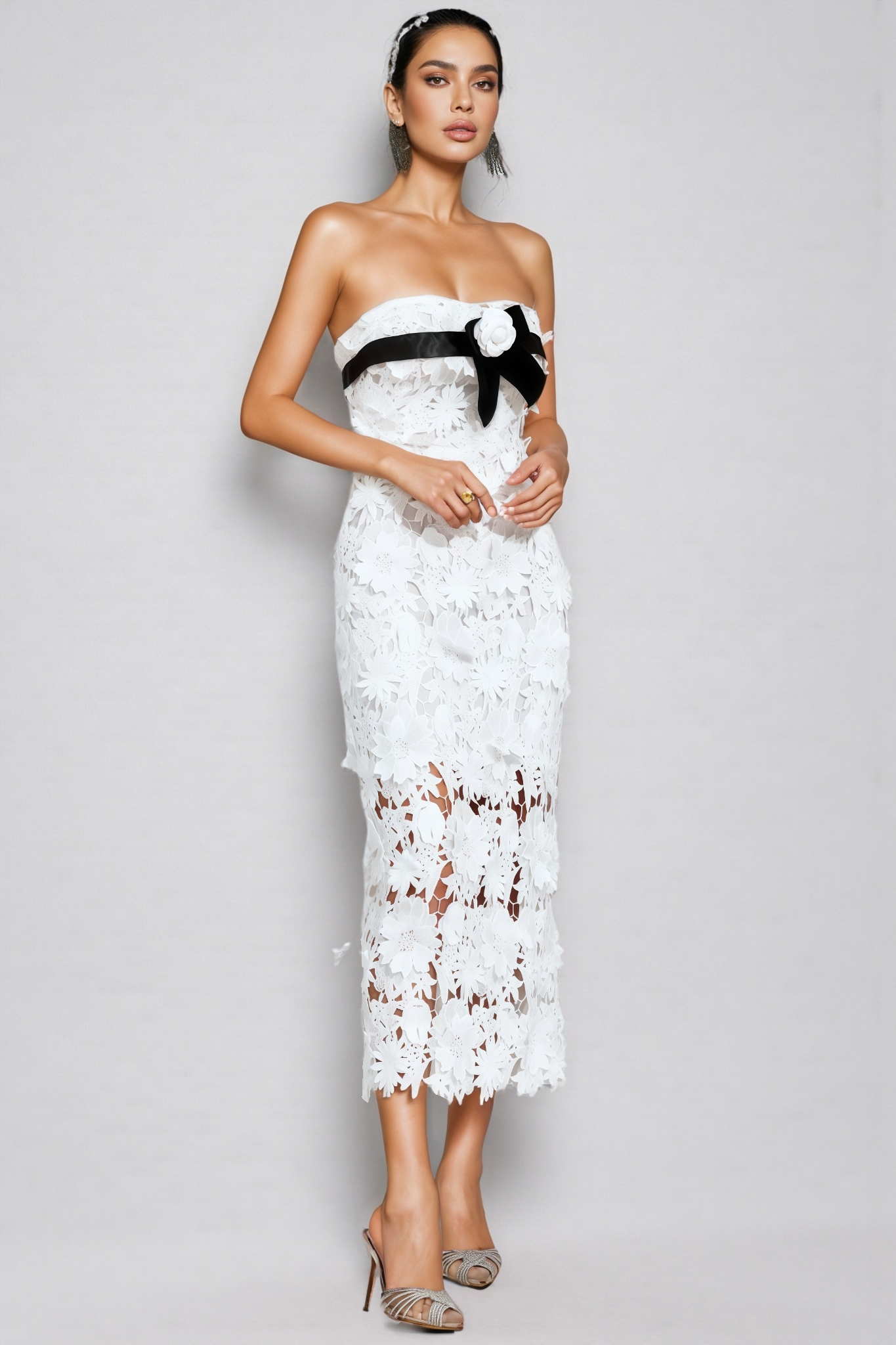 Waters White Floral Lace Midi Dress