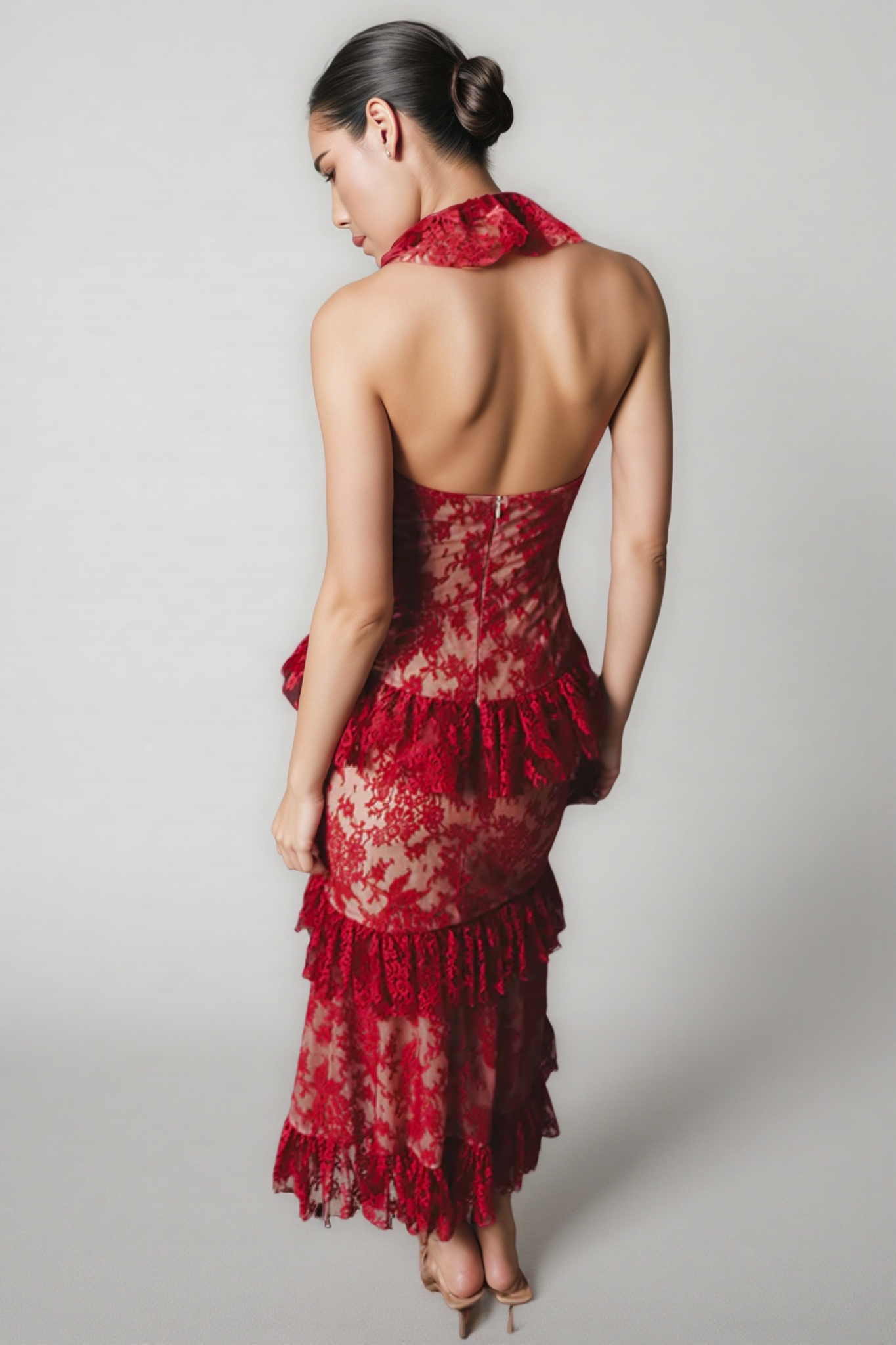 Gracd Backless Lace Ruffled Midi Dress