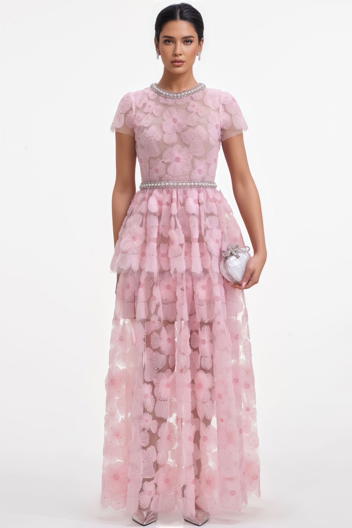 Oriel Pink Embellished Tulle Maxi Dress