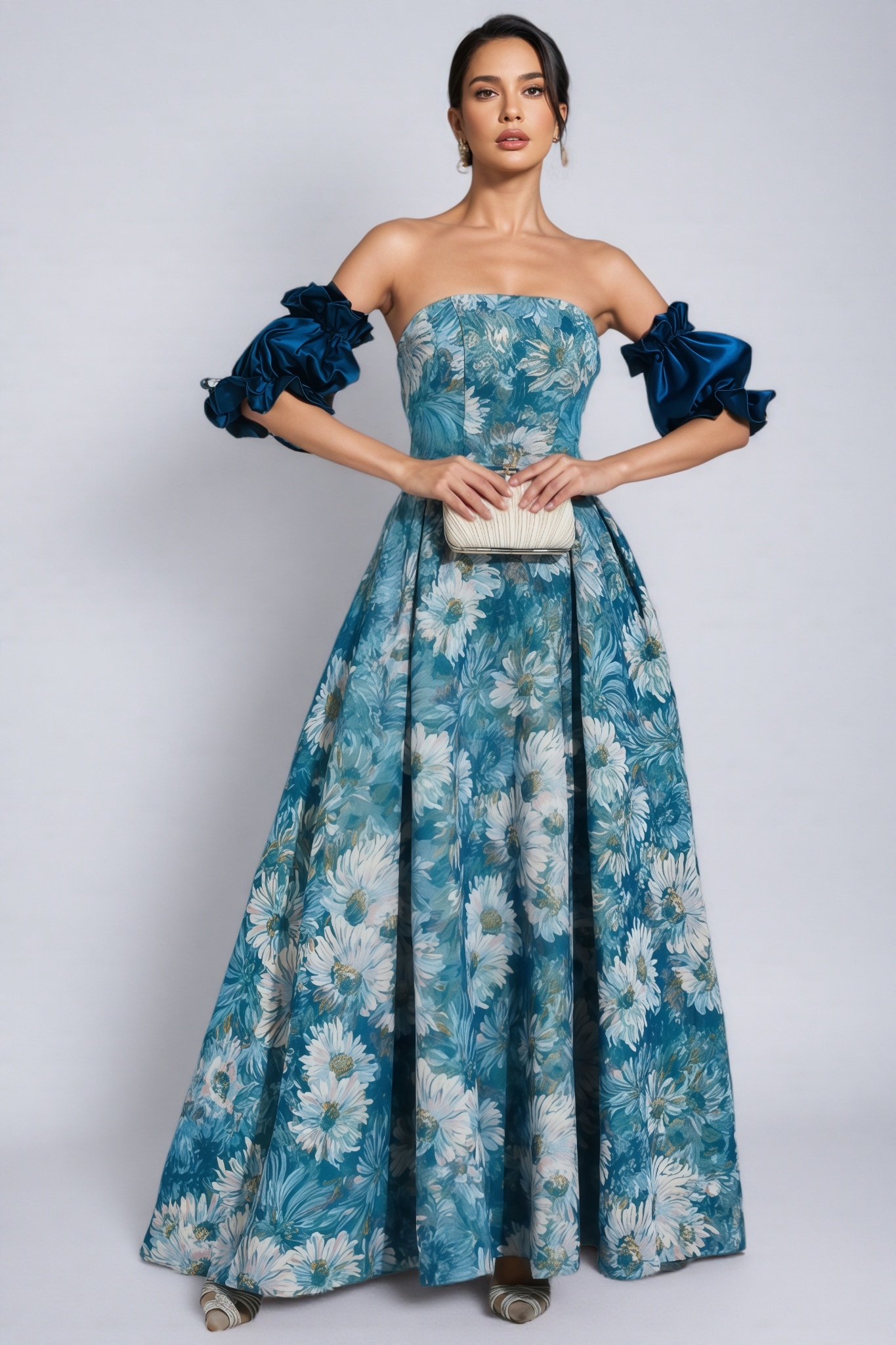 Briar Blue Puff Sleeves Off Shoulder Maxi Dress