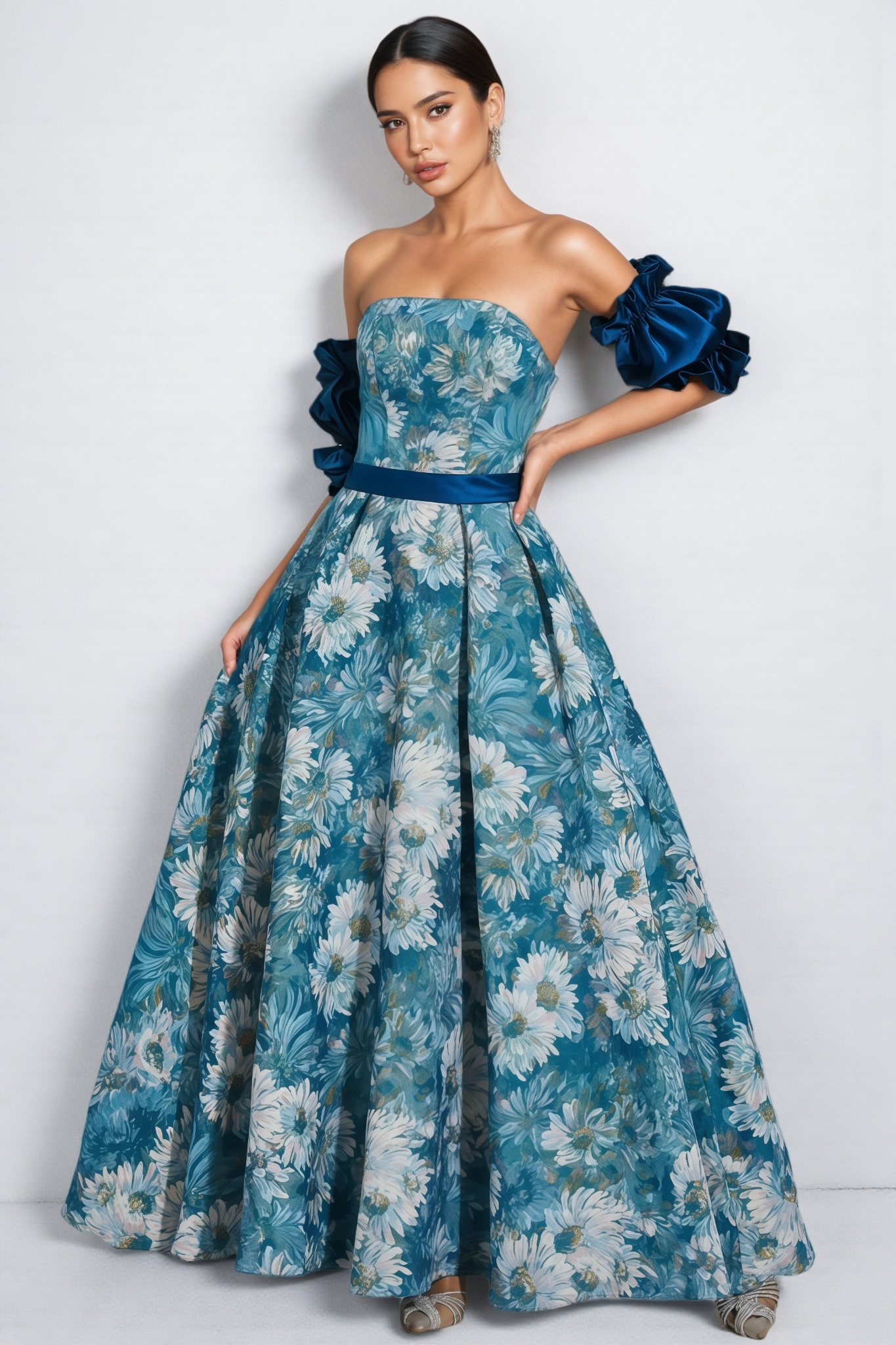 Briar Blue Puff Sleeves Off Shoulder Maxi Dress