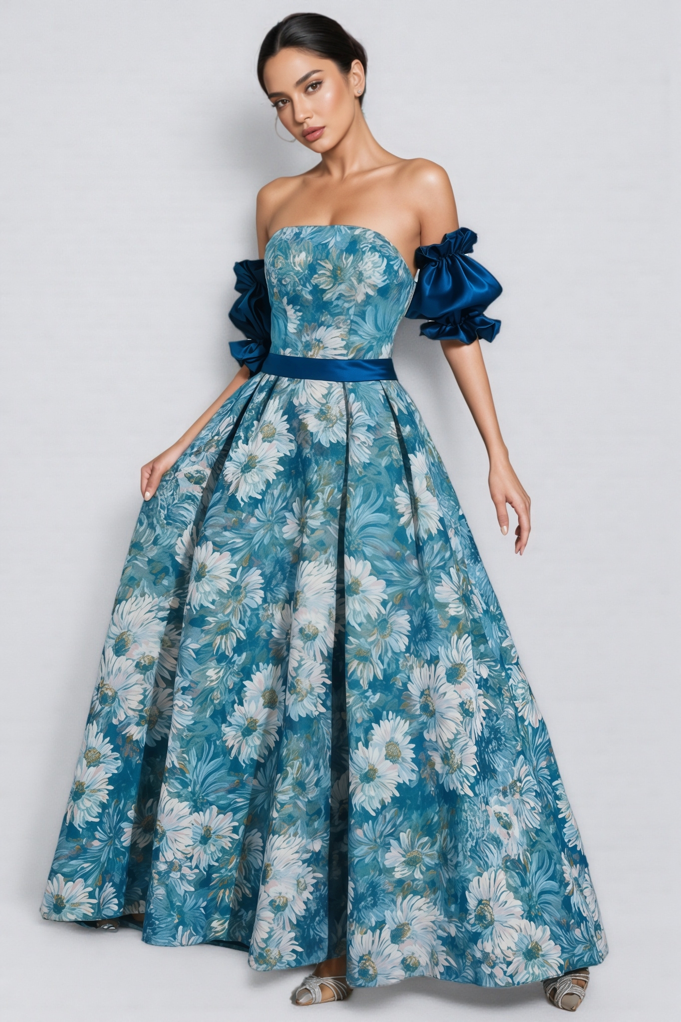 Briar Blue Puff Sleeves Off Shoulder Maxi Dress
