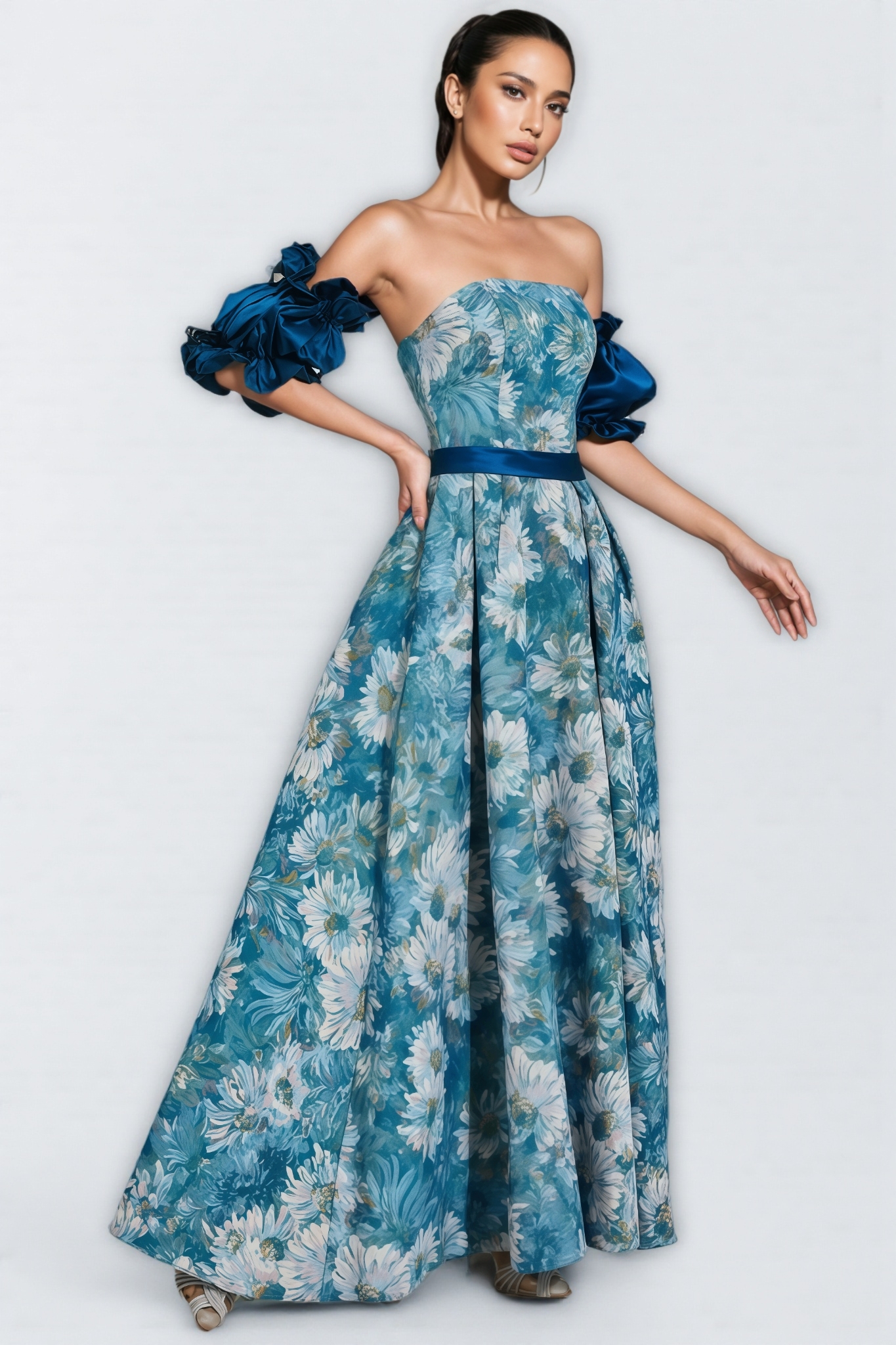 Briar Blue Puff Sleeves Off Shoulder Maxi Dress