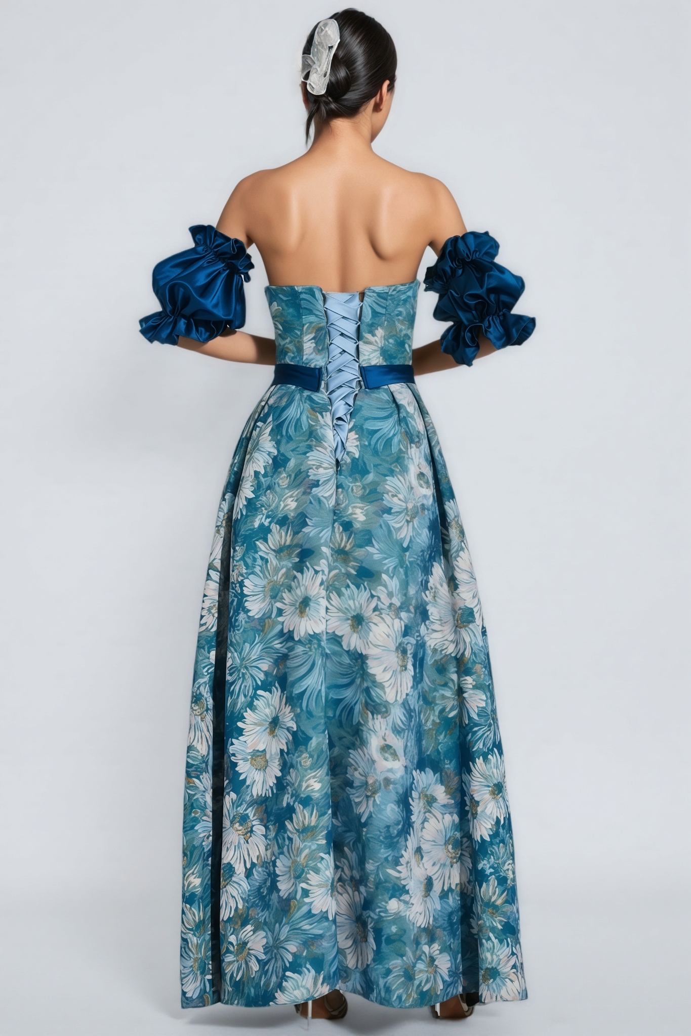 Briar Blue Puff Sleeves Off Shoulder Maxi Dress