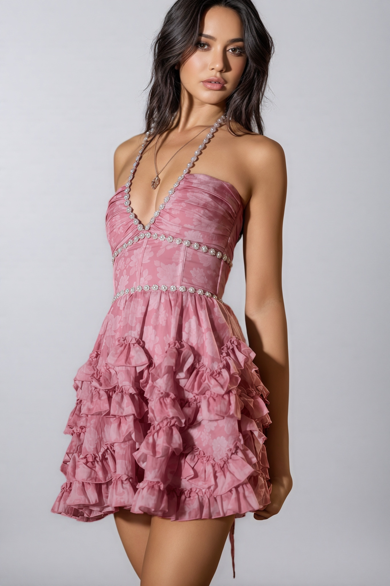 Nymeriy Pink Printed Beaded Mini Dress