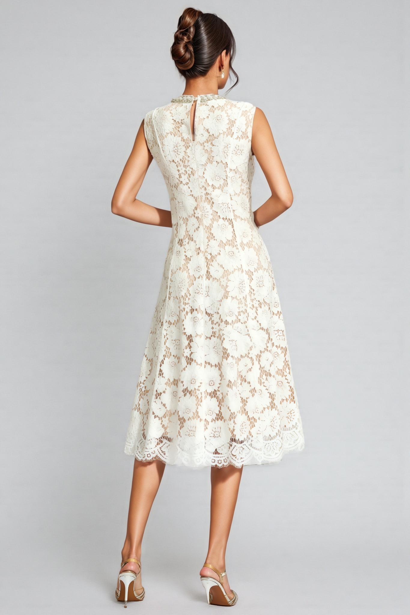 Flavia White Lace Embellished Midi Dress