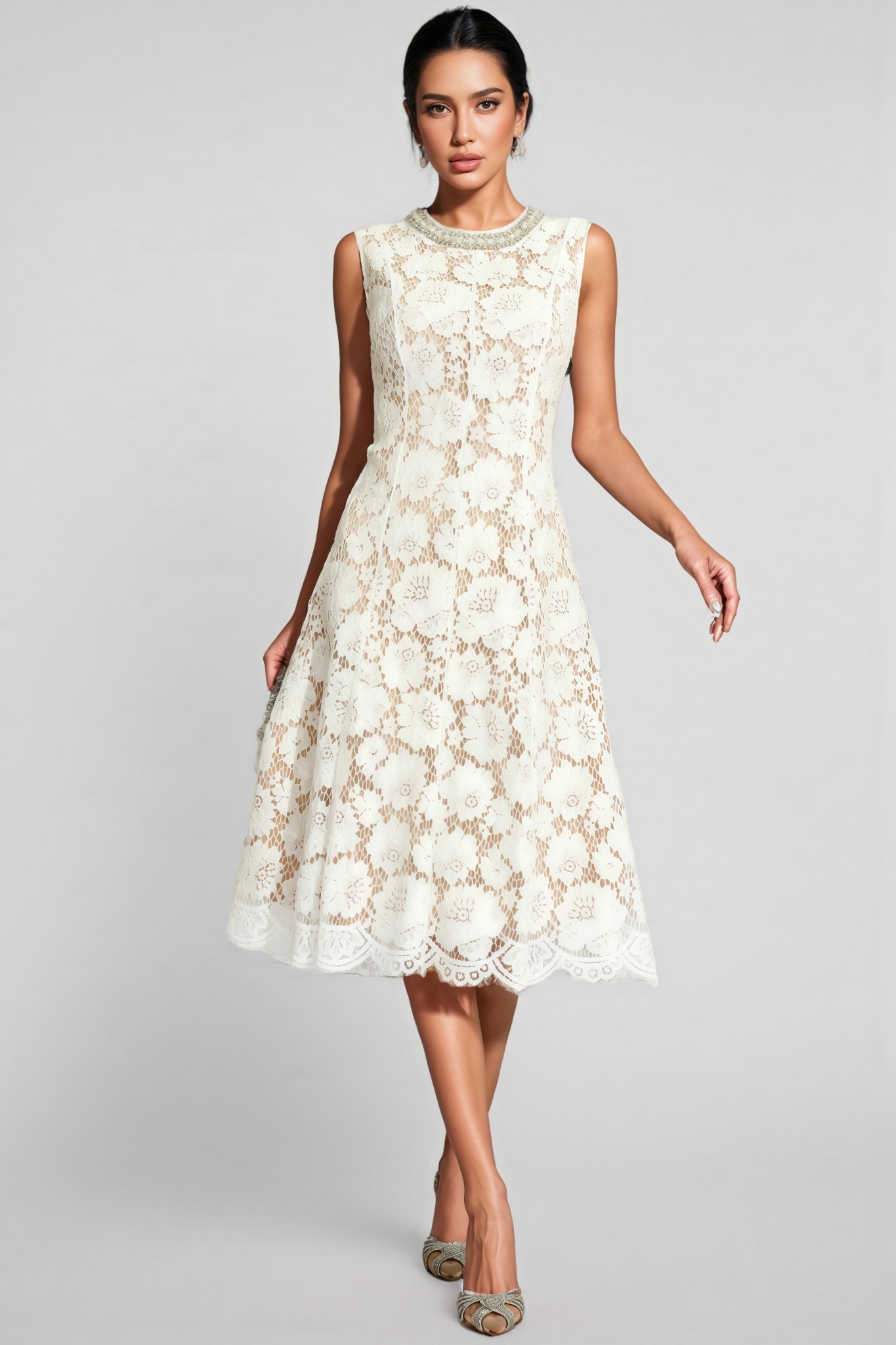 Flavia White Lace Embellished Midi Dress