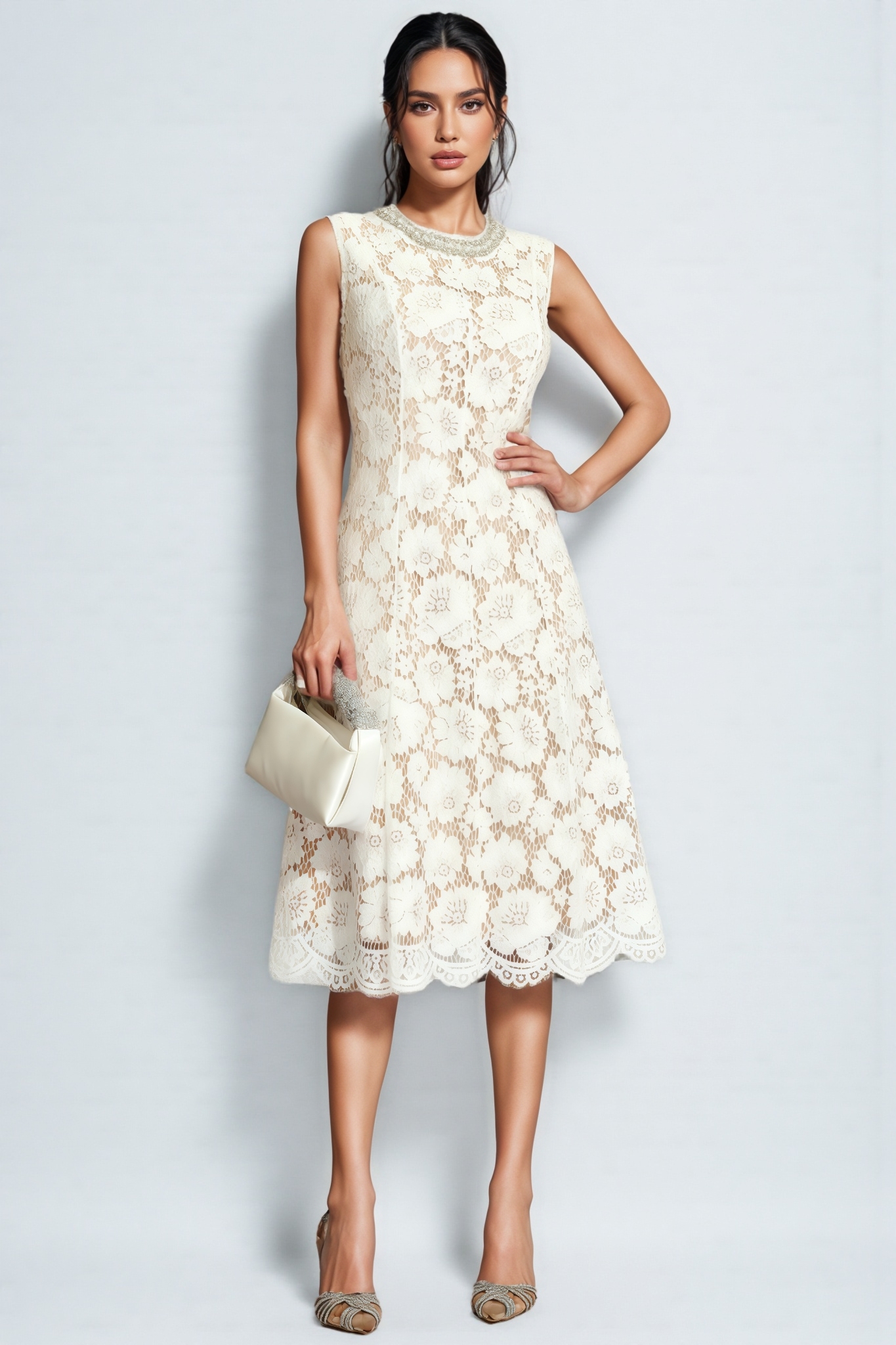 Flavia White Lace Embellished Midi Dress
