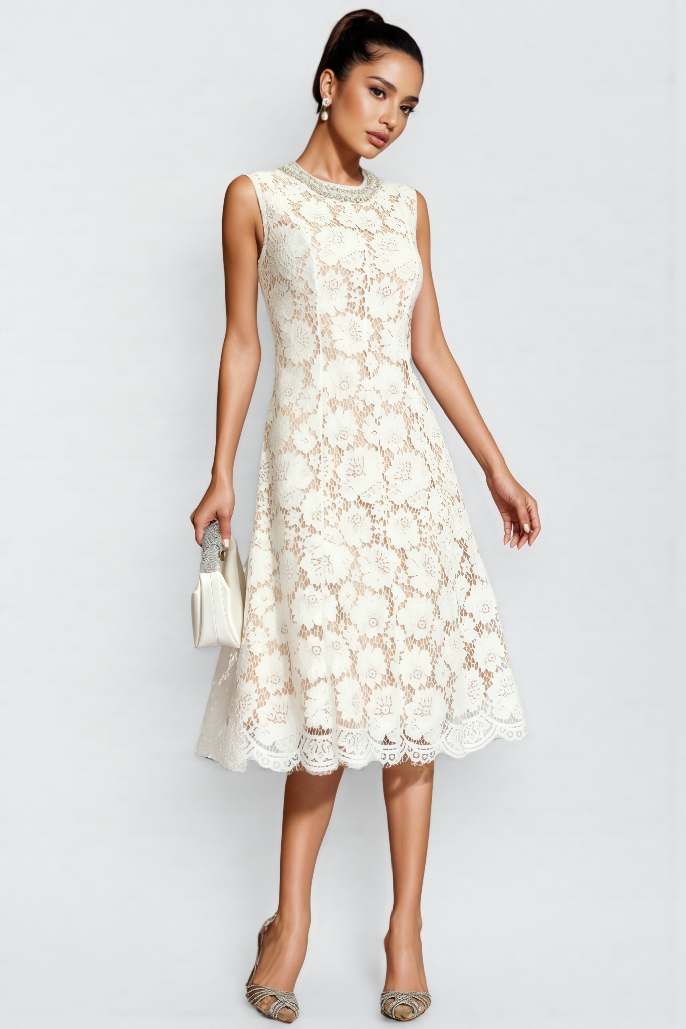 Flavia White Lace Embellished Midi Dress