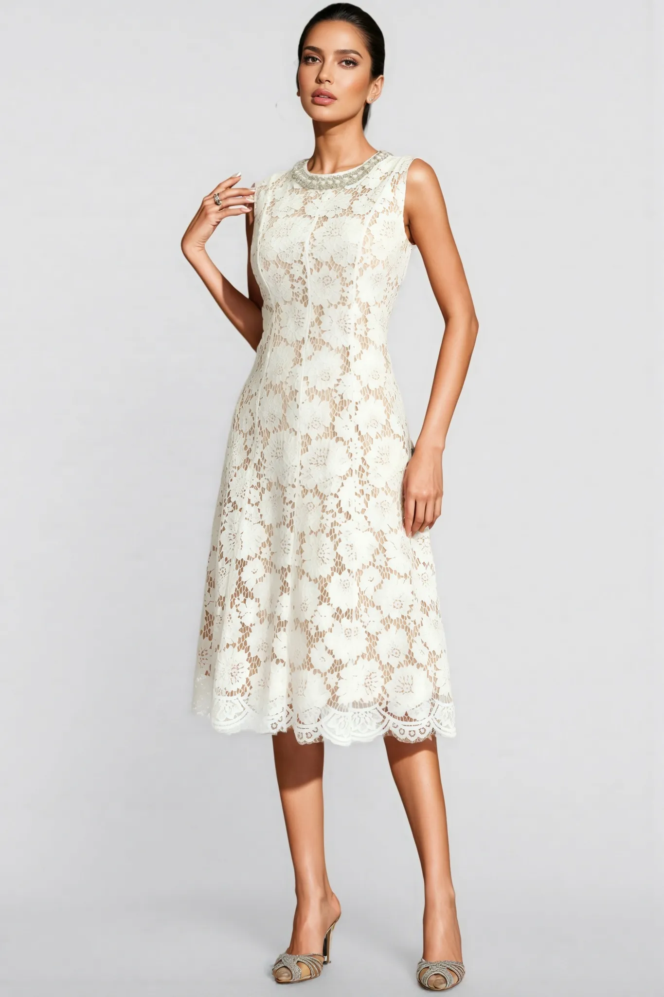 Flavia White Lace Embellished Midi Dress
