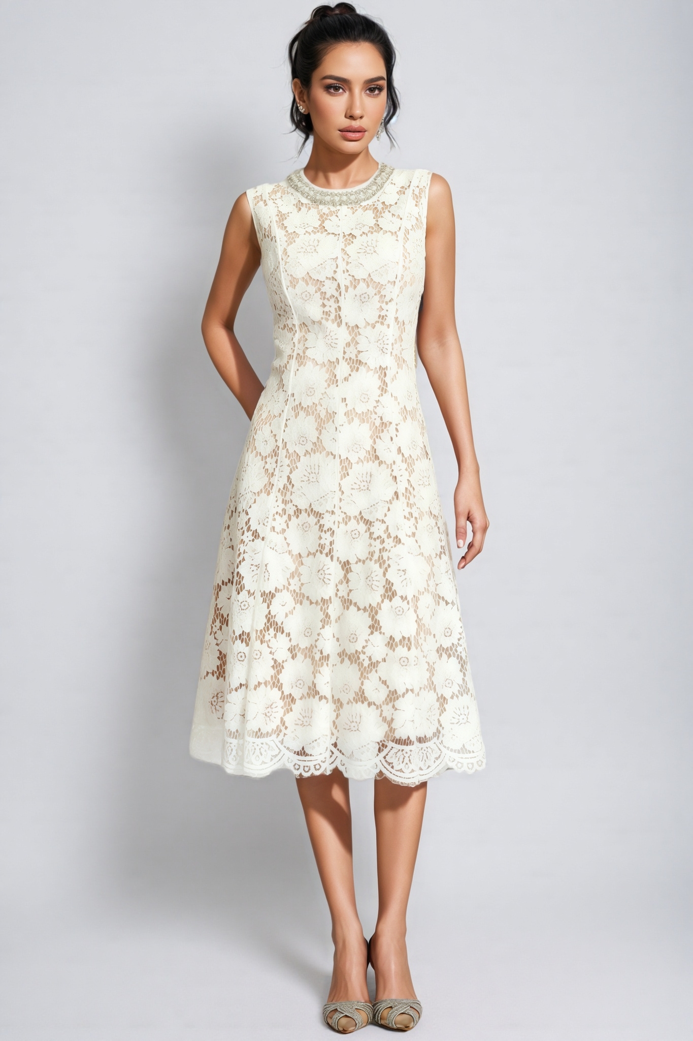 Flavia White Lace Embellished Midi Dress