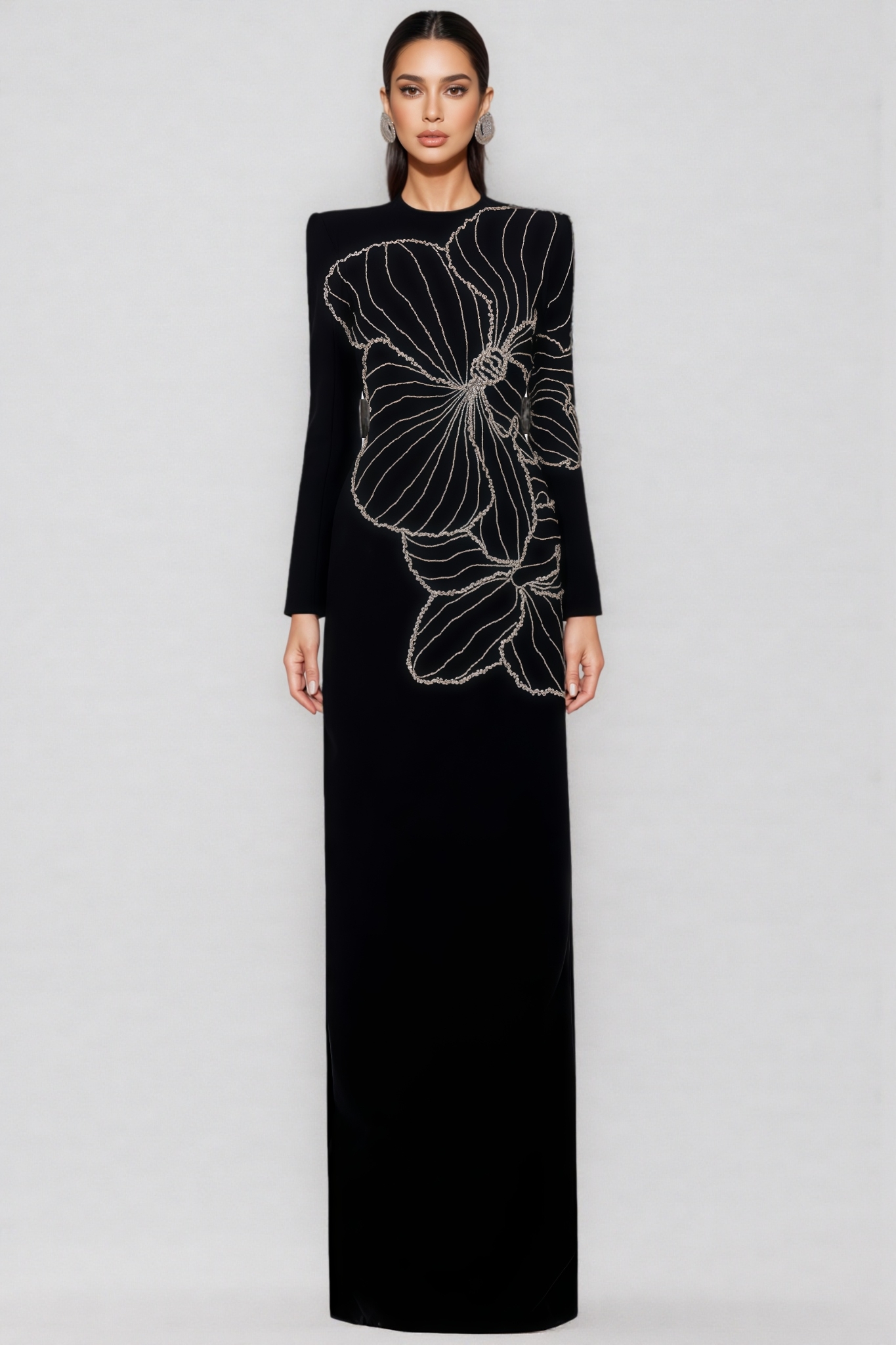 Aislety Long-Sleeved Orchid-Patterned Maxi Dress