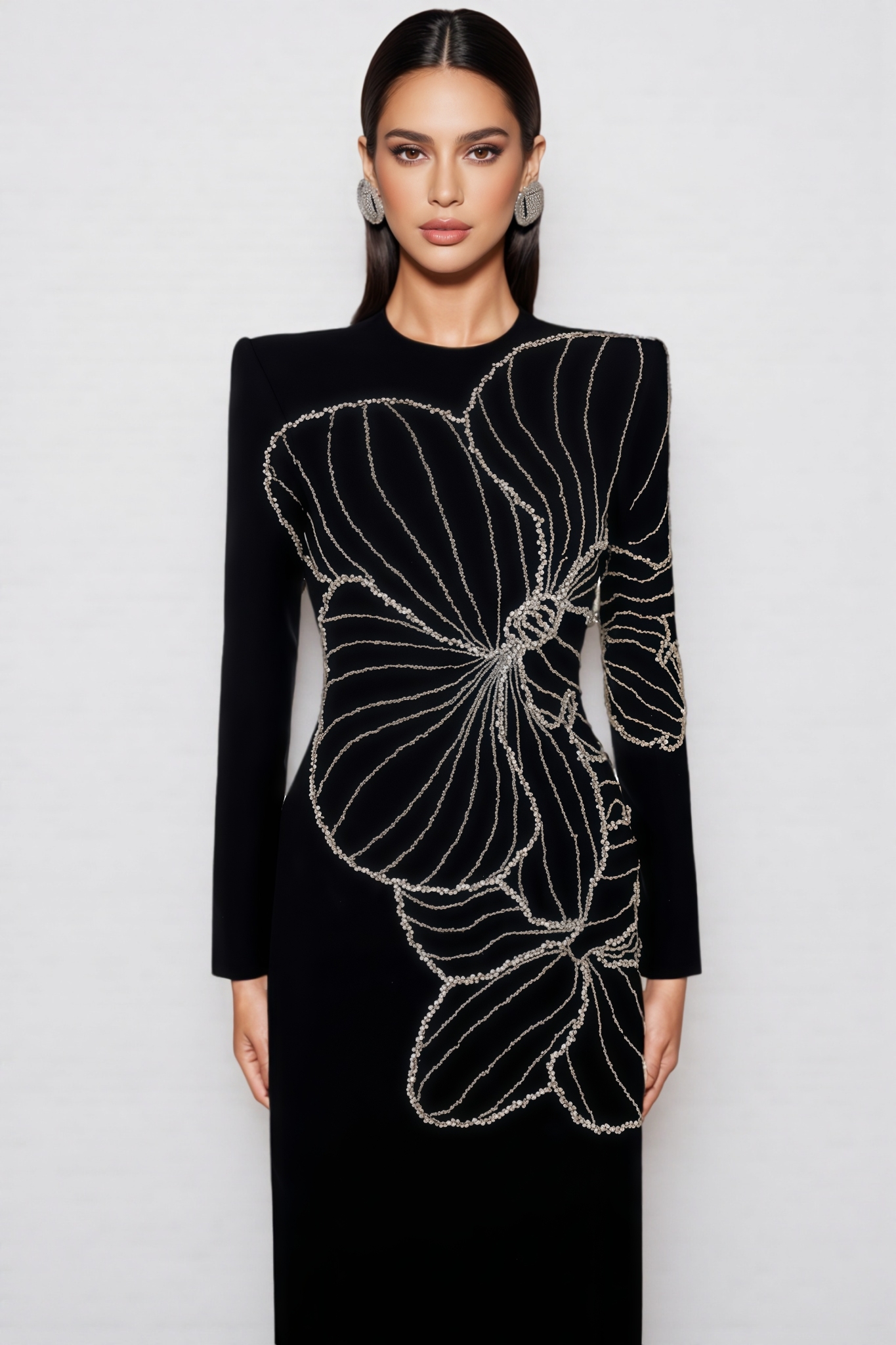 Aislety Long-Sleeved Orchid-Patterned Maxi Dress