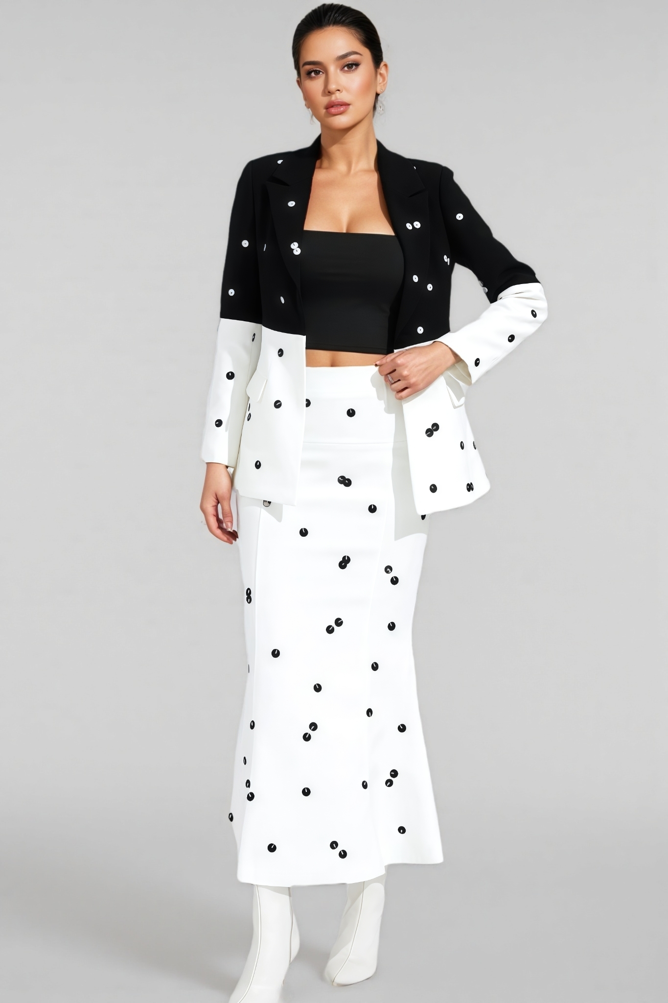 Amalia White Polka Dot Sequins Blazer Set