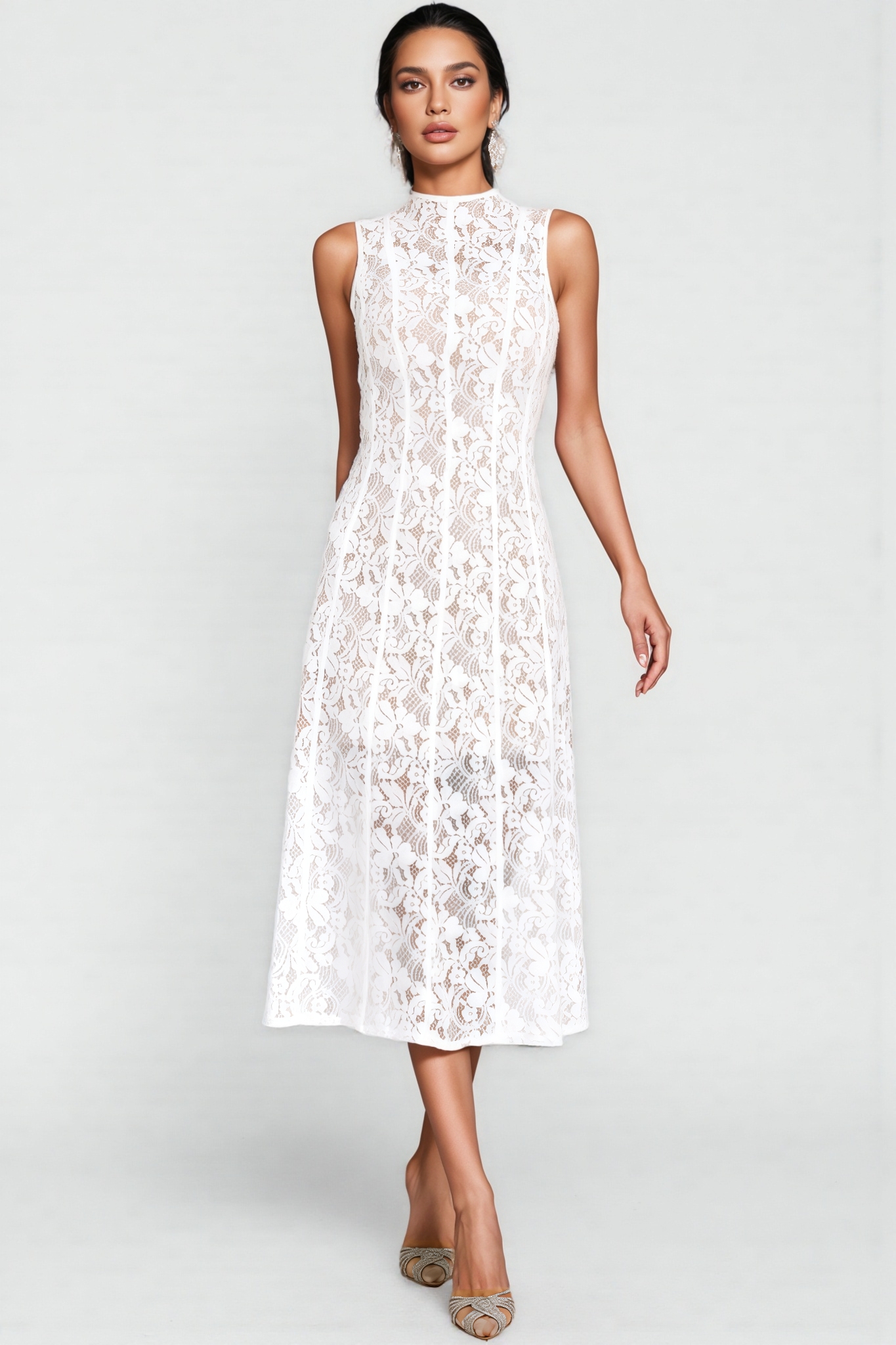 Thoref White Cut Out Sleeveless Midi Dress