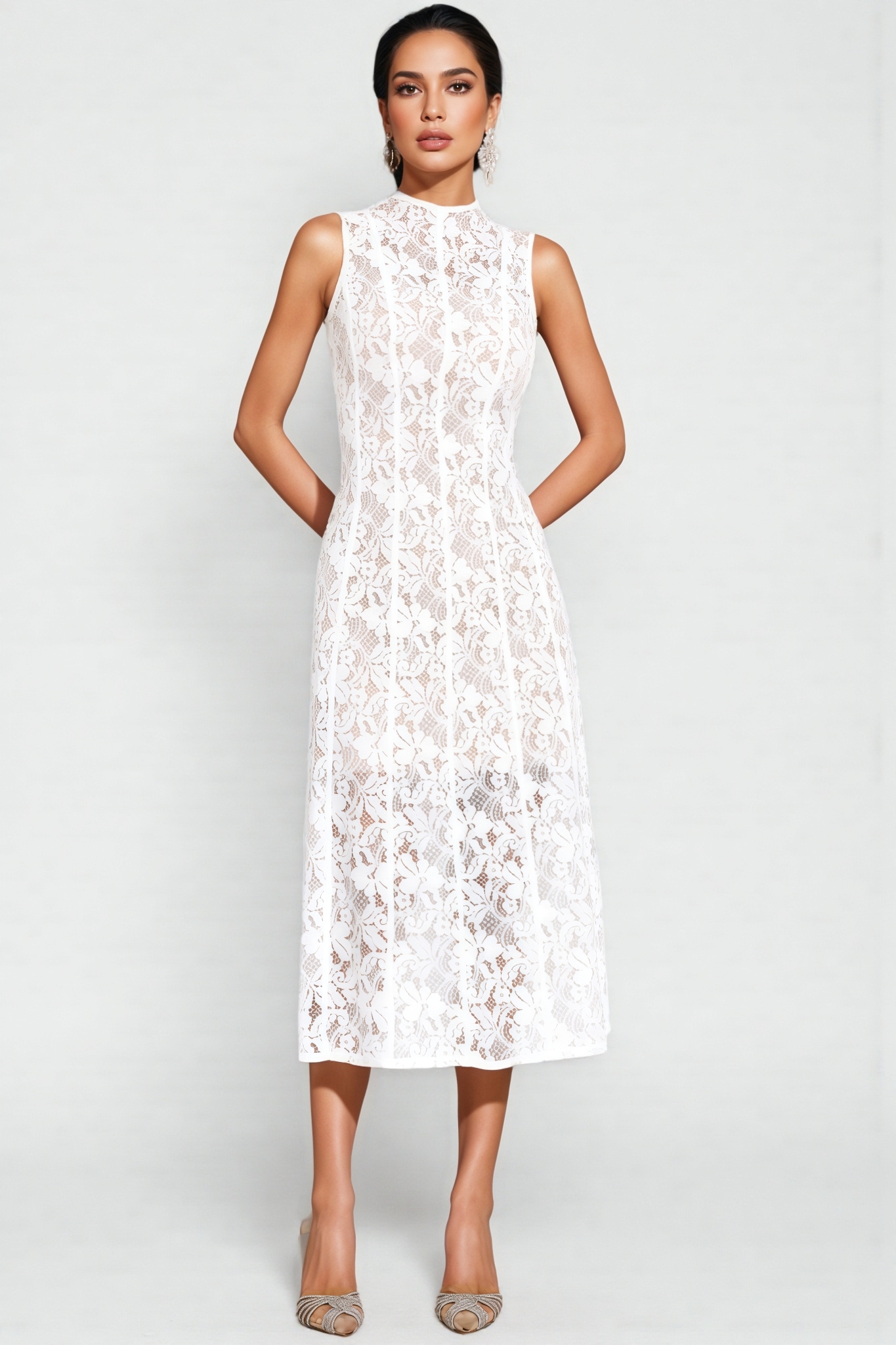 Thoref White Cut Out Sleeveless Midi Dress