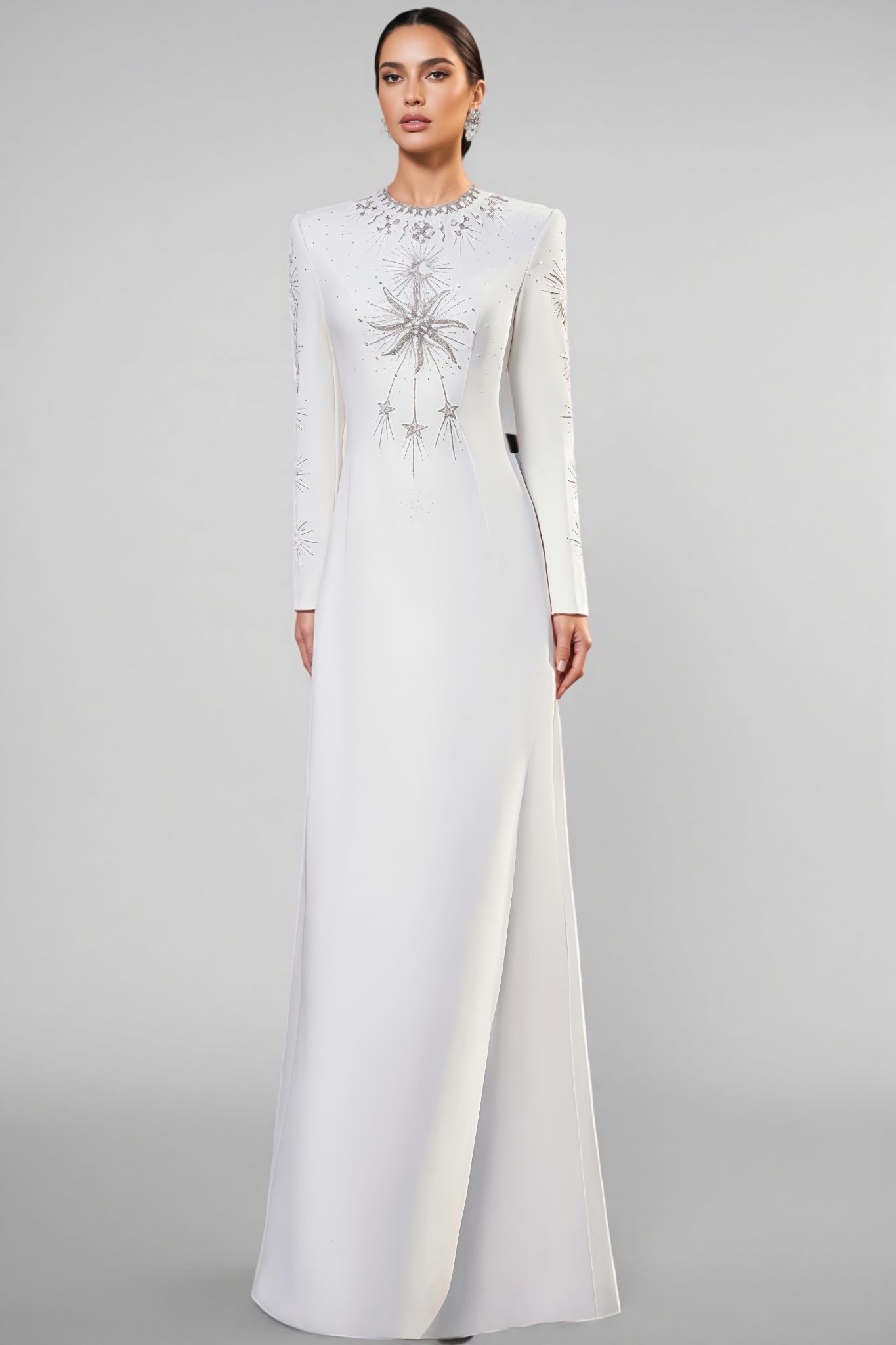 Pamedy White Rhinestone Beaded Maxi Dress