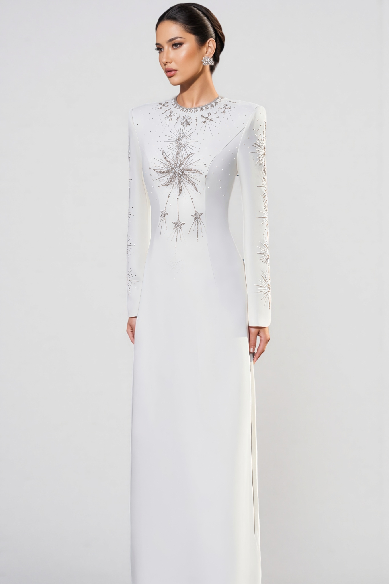 Pamedy White Rhinestone Beaded Maxi Dress