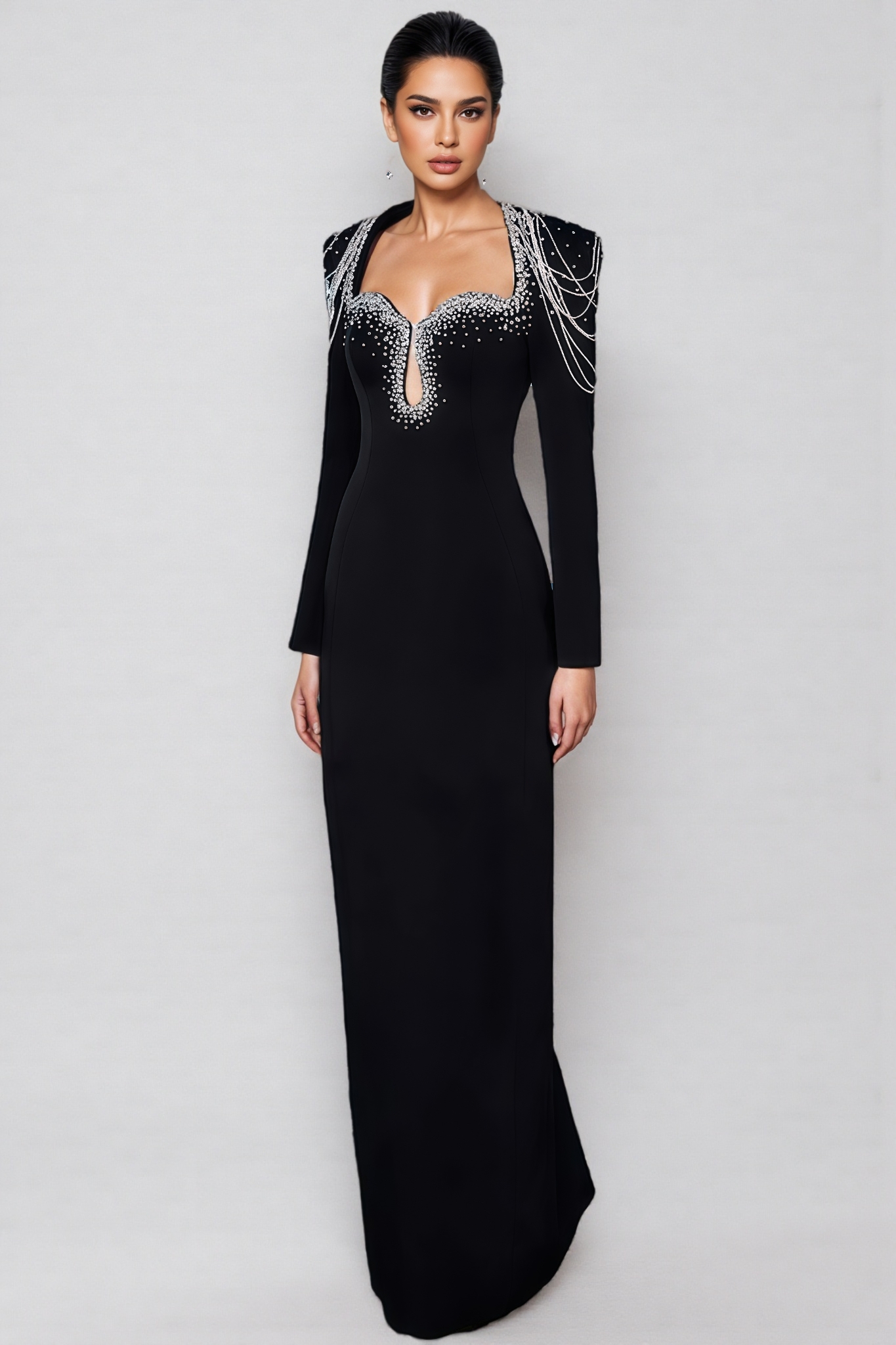 Tegany Black Crystal Strings Cut-Out Maxi Dress